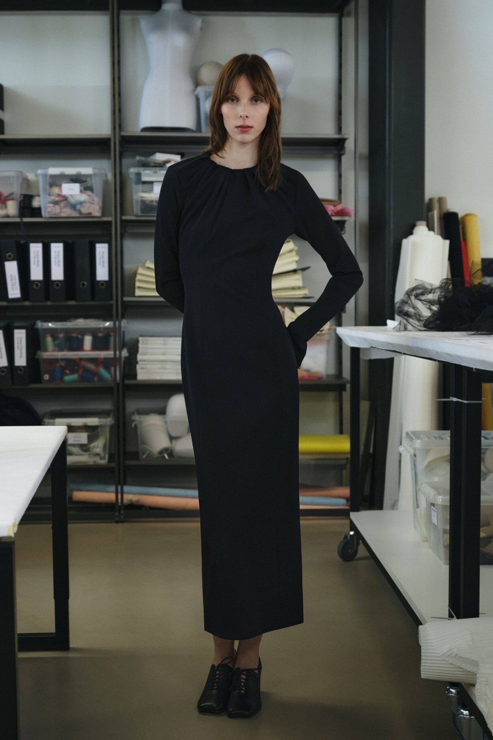 black cotton long-sleeve high-neck fitted straight-leg pockets dress