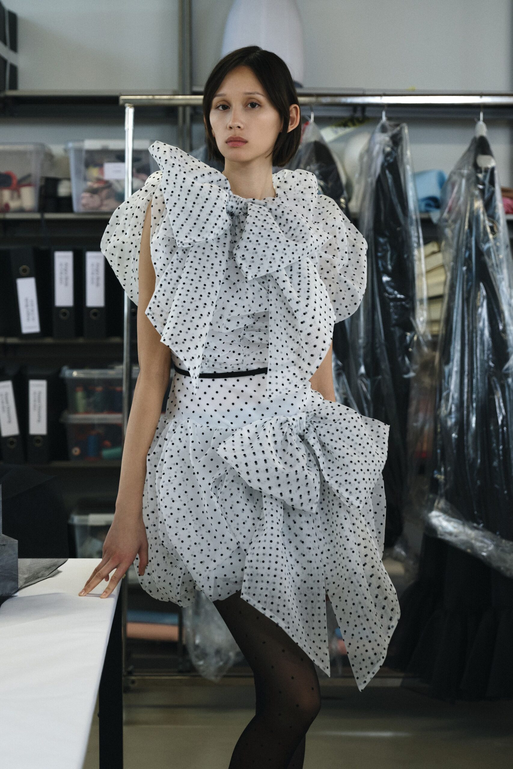 white and black polka-dot ruffled dress