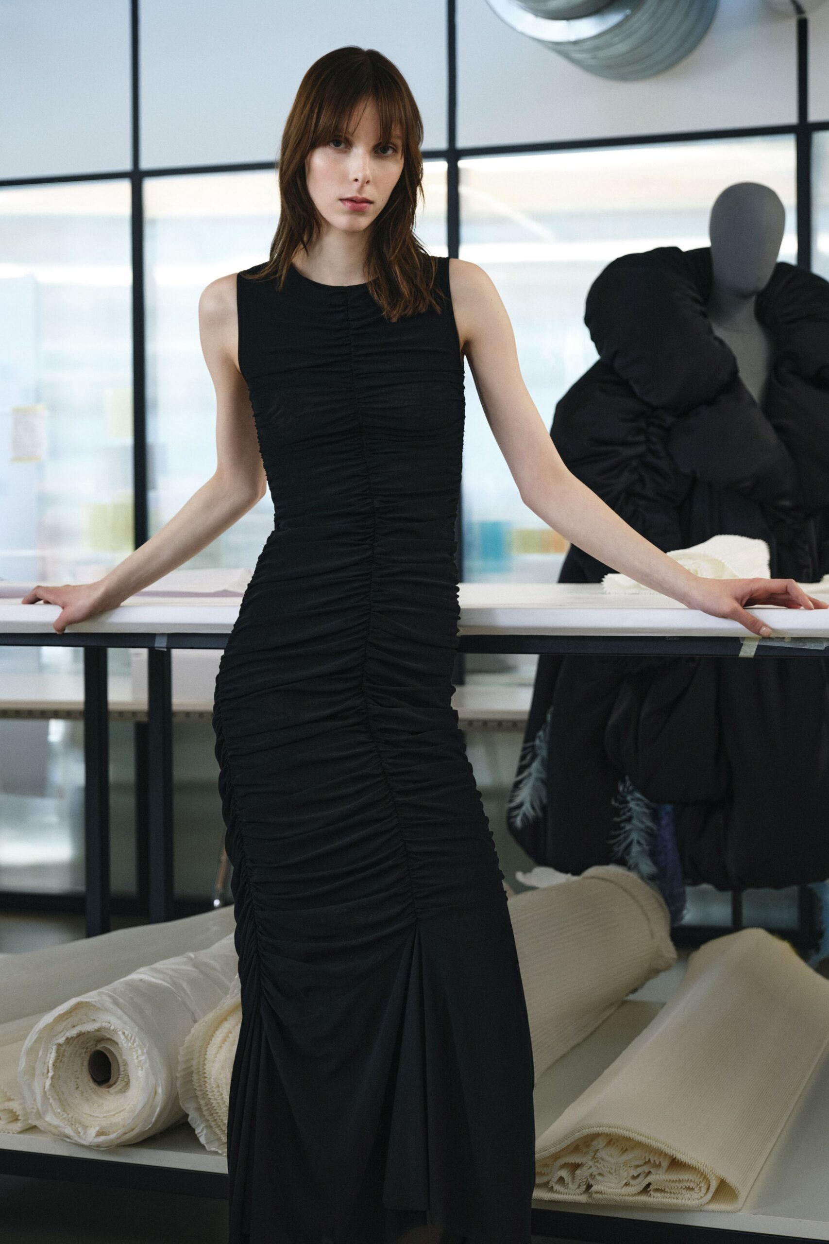 black silk sleeveless ruched dress