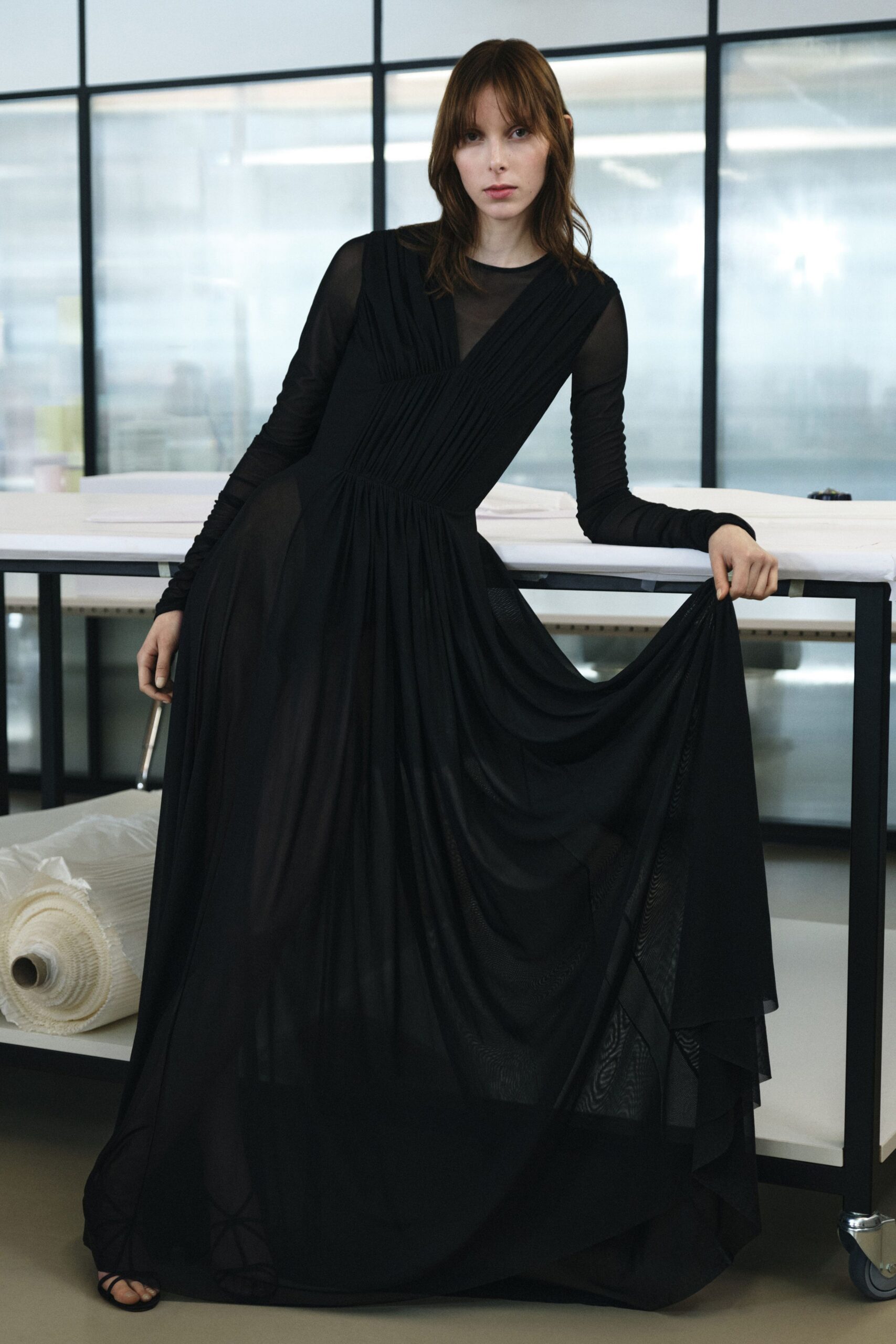 black silk long-sleeve gown