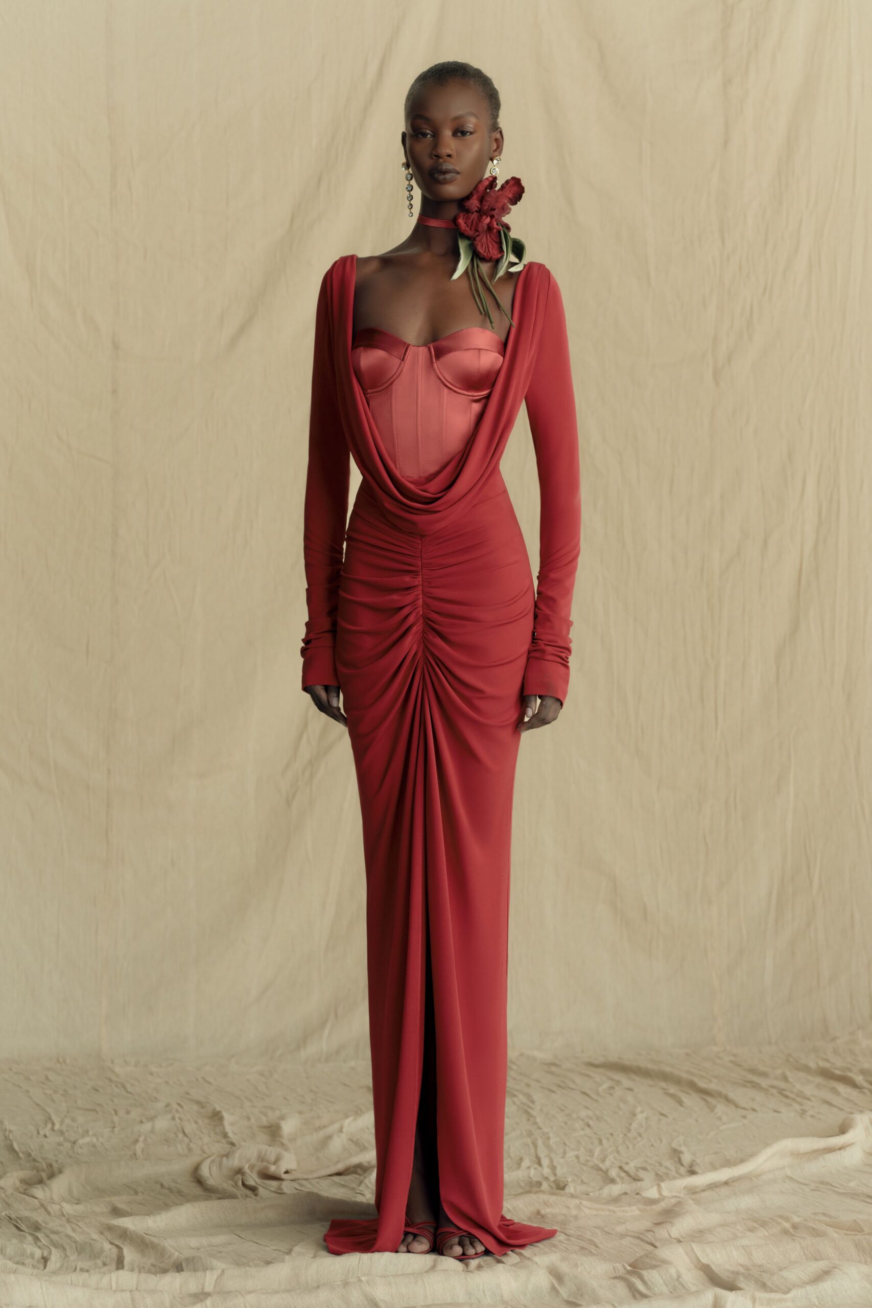 fitted red silk gown