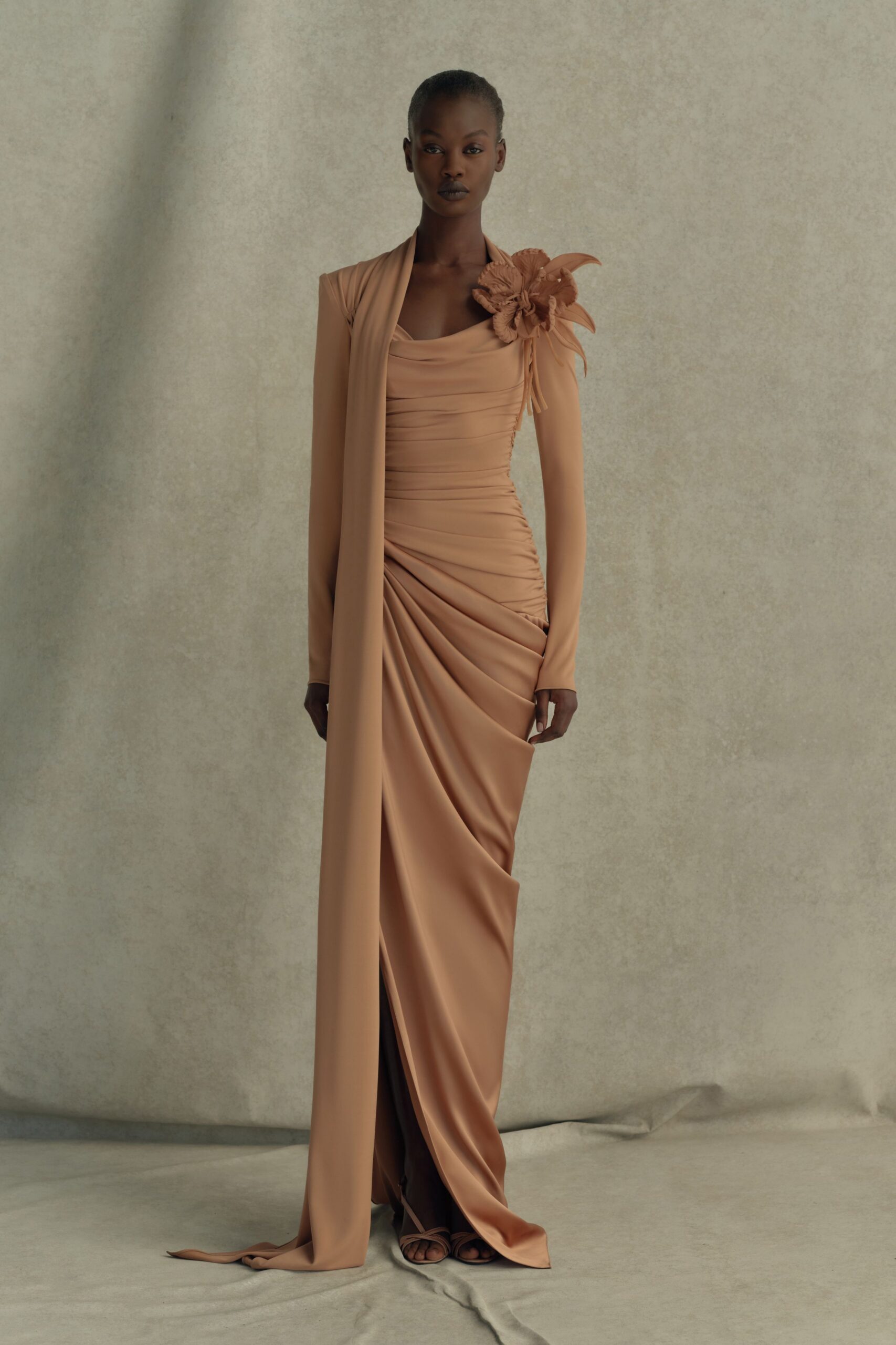 beige silk fitted gown
