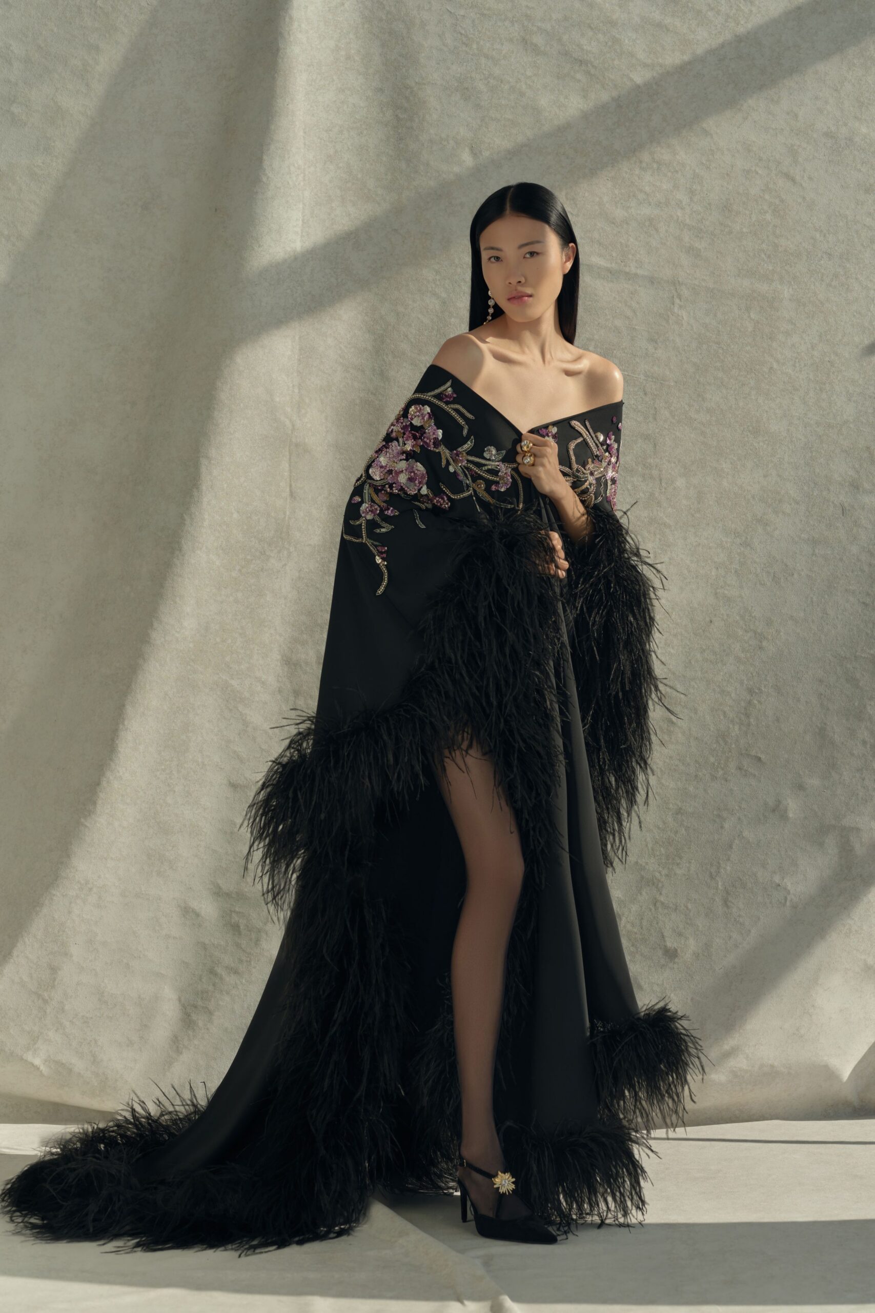 black silk off-shoulder fitted embroidered fringed maxi gown