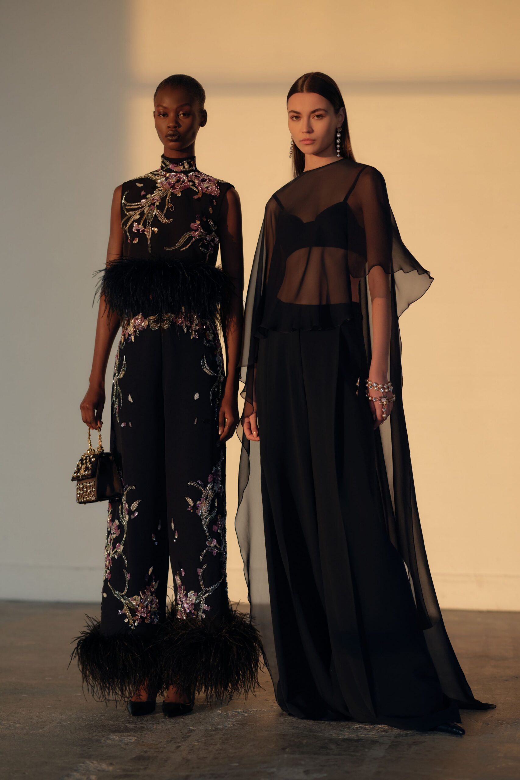 black silk sleeveless high-neck fitted embroidered flared jumpsuit