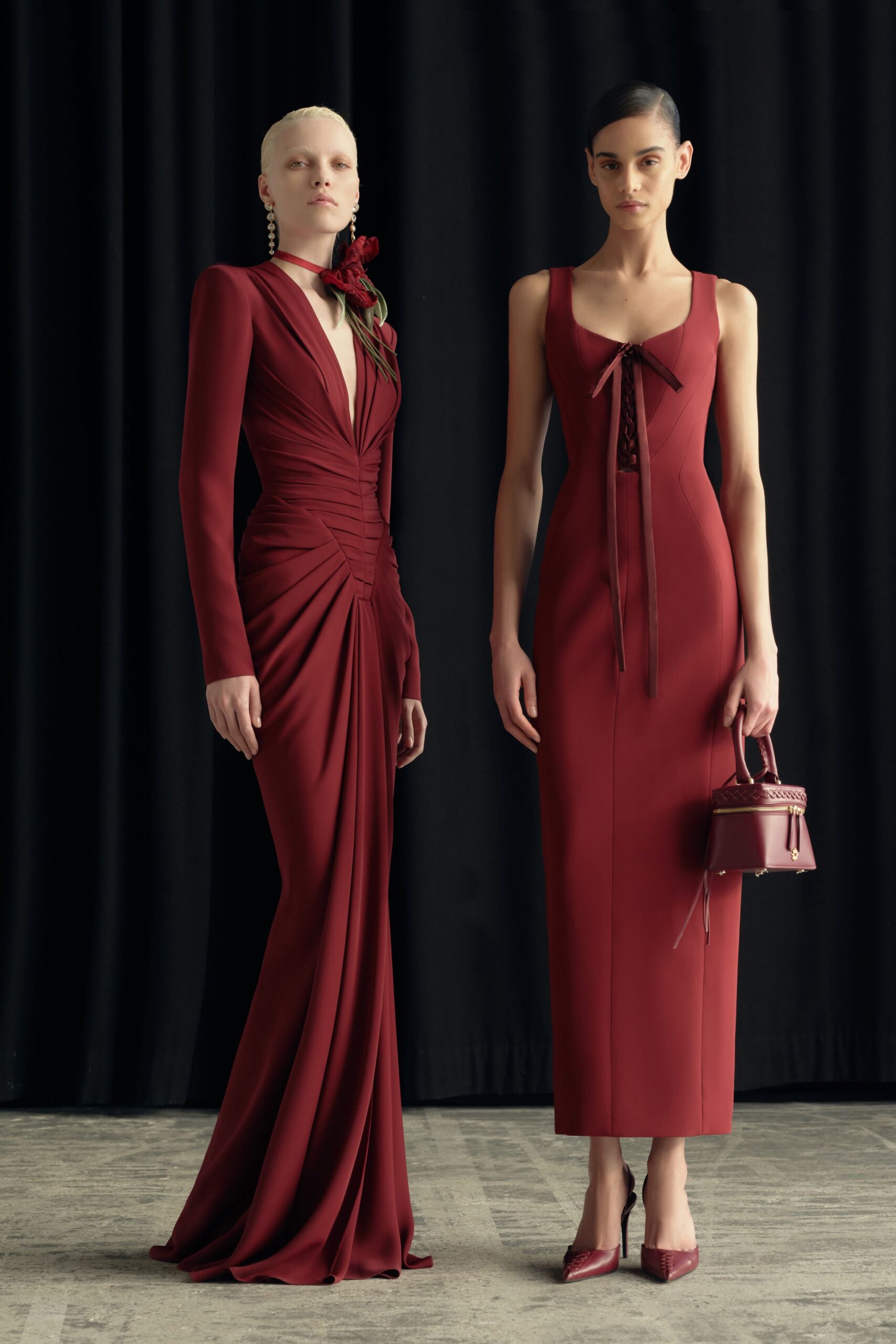 red silk sleeveless v-neck fitted straight-leg midi dress