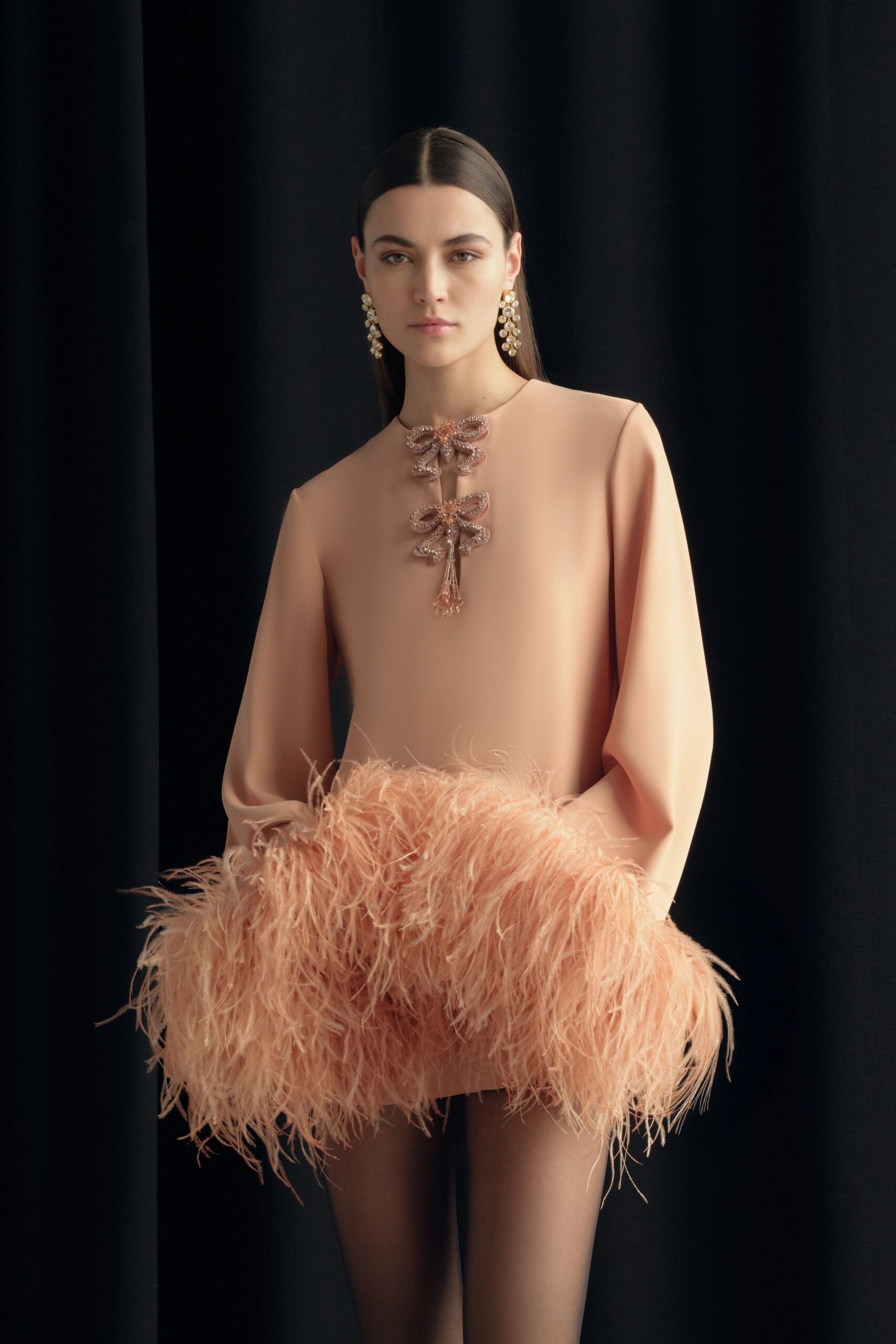 peach silk long-sleeve dress