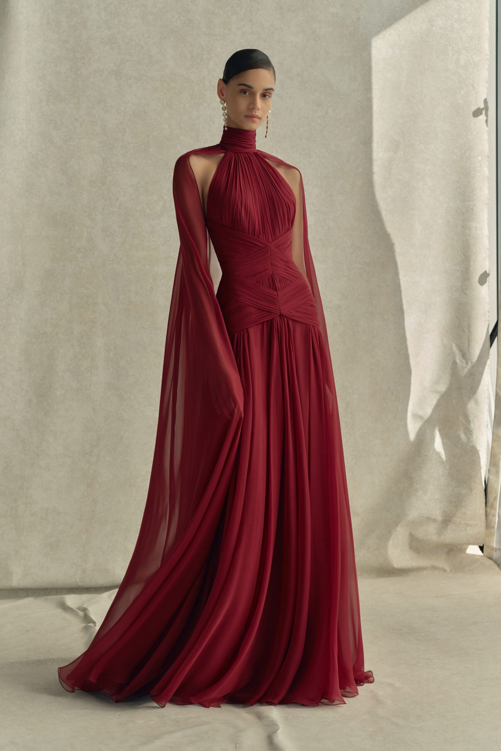 red silk fitted gown