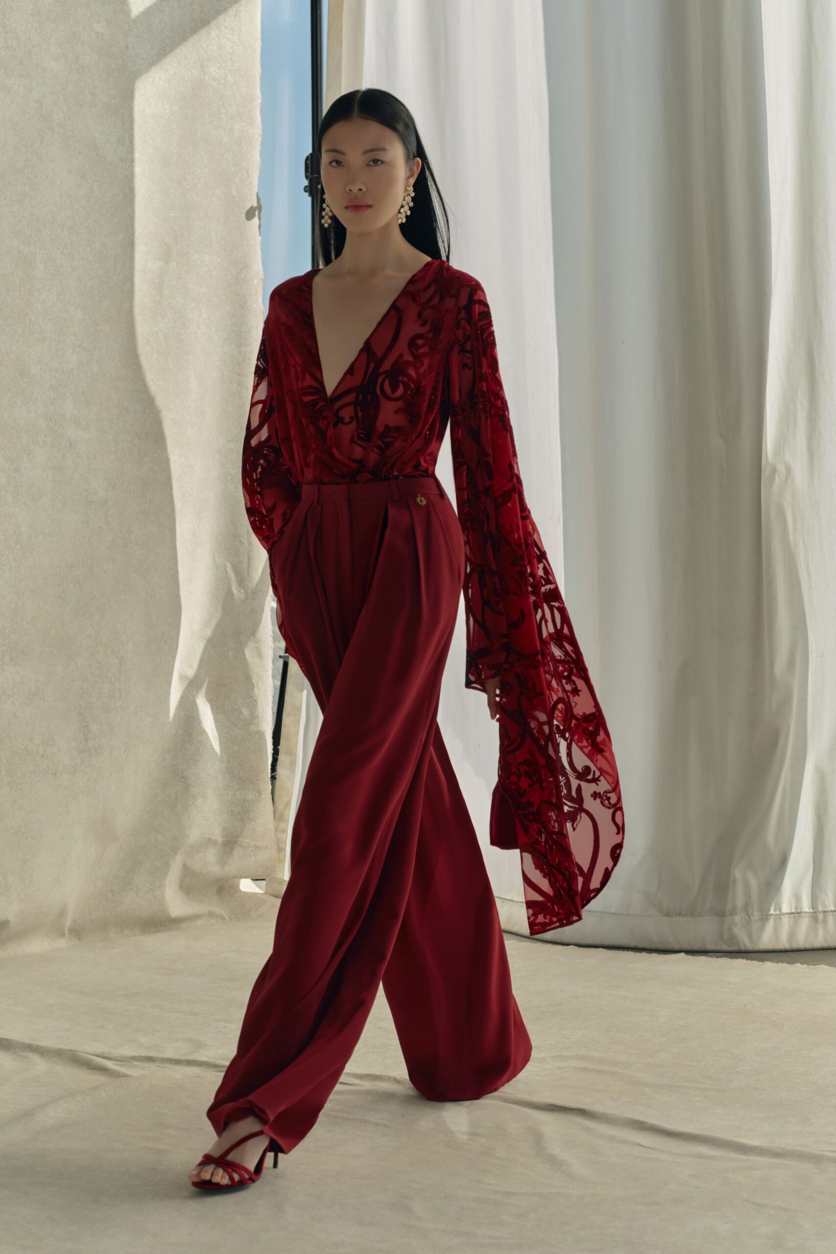 red silk long-sleeve v-neck fitted embroidered top