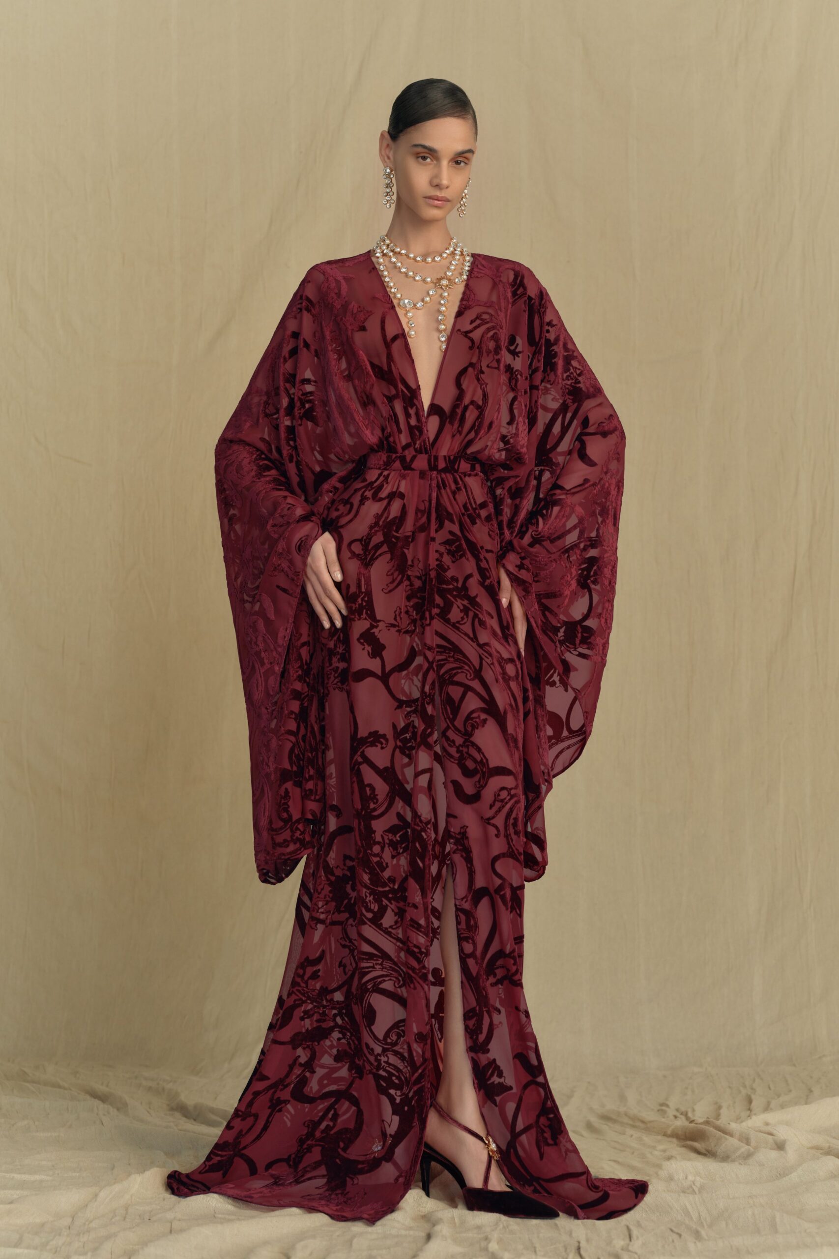 maroon silk long-sleeve v-neck fitted embroidered layered gown