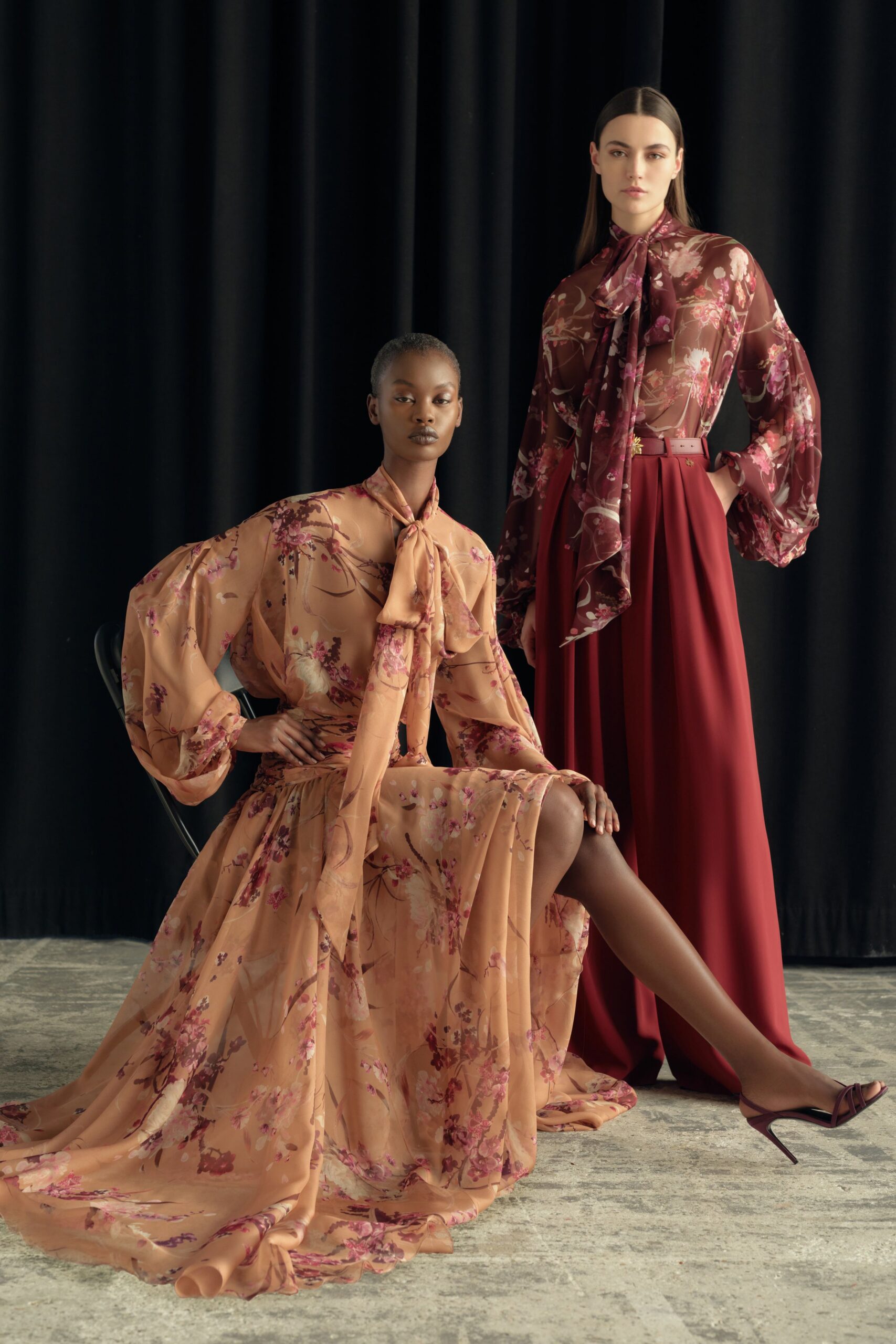 beige silk long-sleeve collared relaxed floral tiered dress