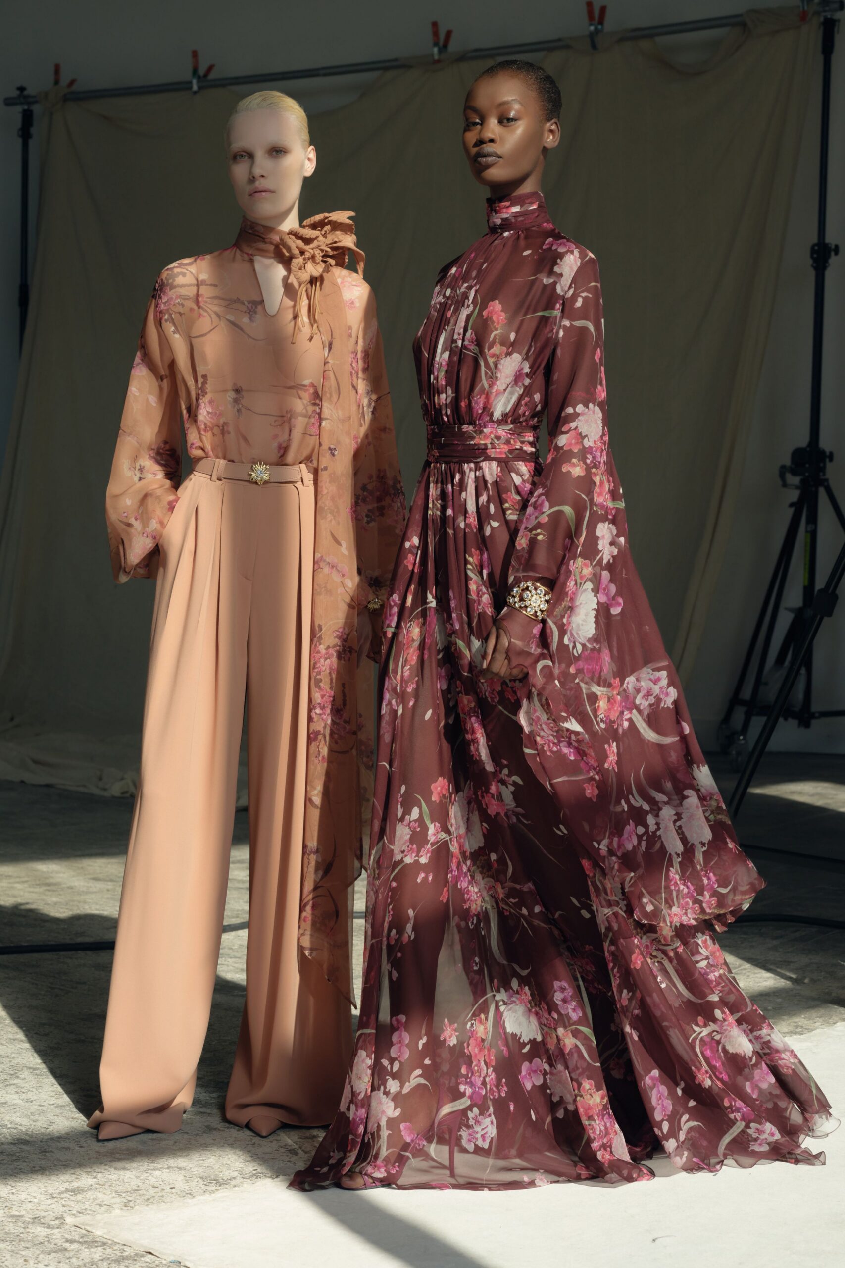pink chiffon long-sleeve collared relaxed floral layered blouse
