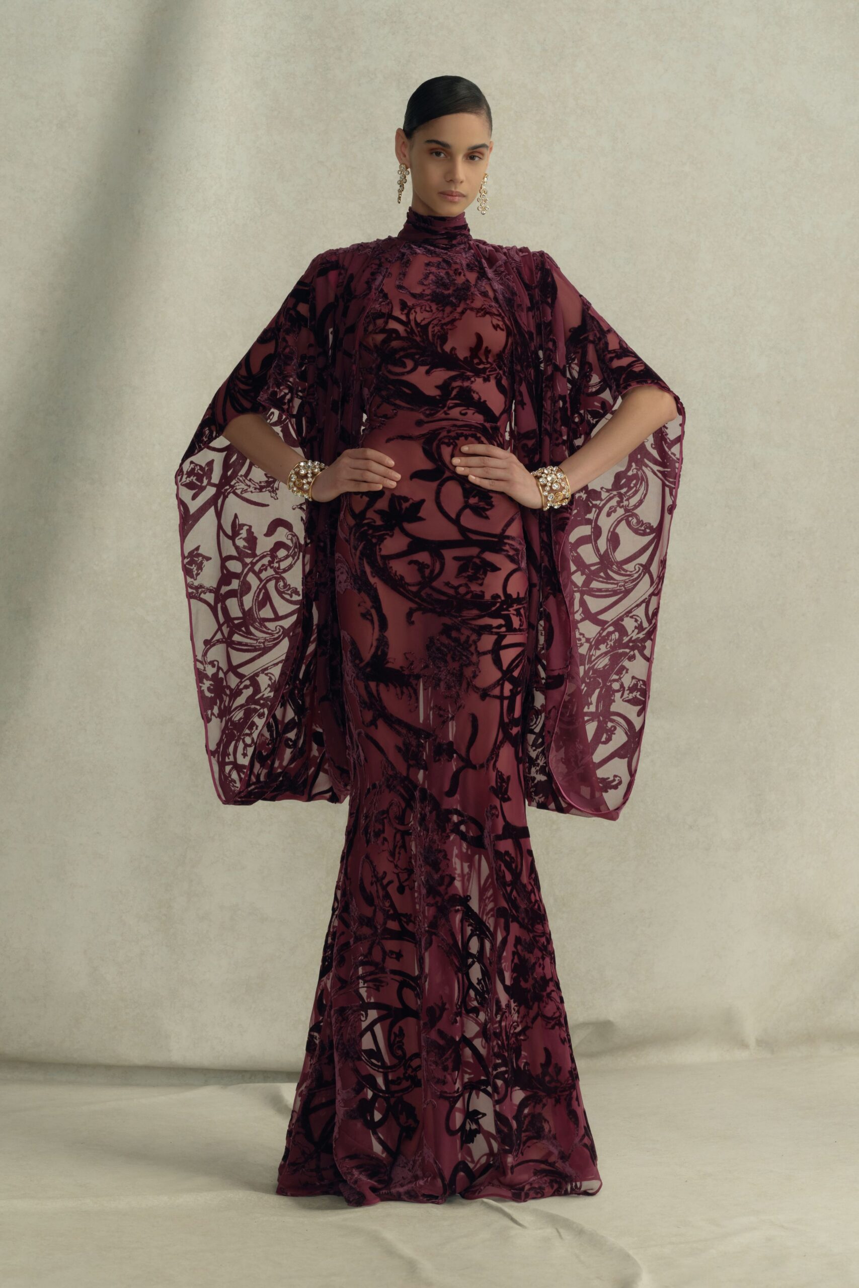maroon lace long-sleeve relaxed embroidered sheer cape