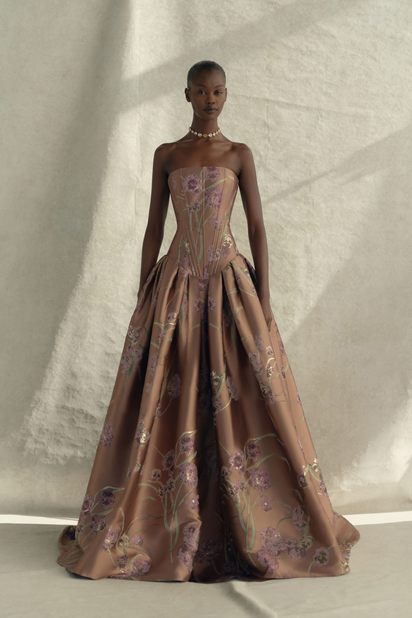 brown silk strapless gown