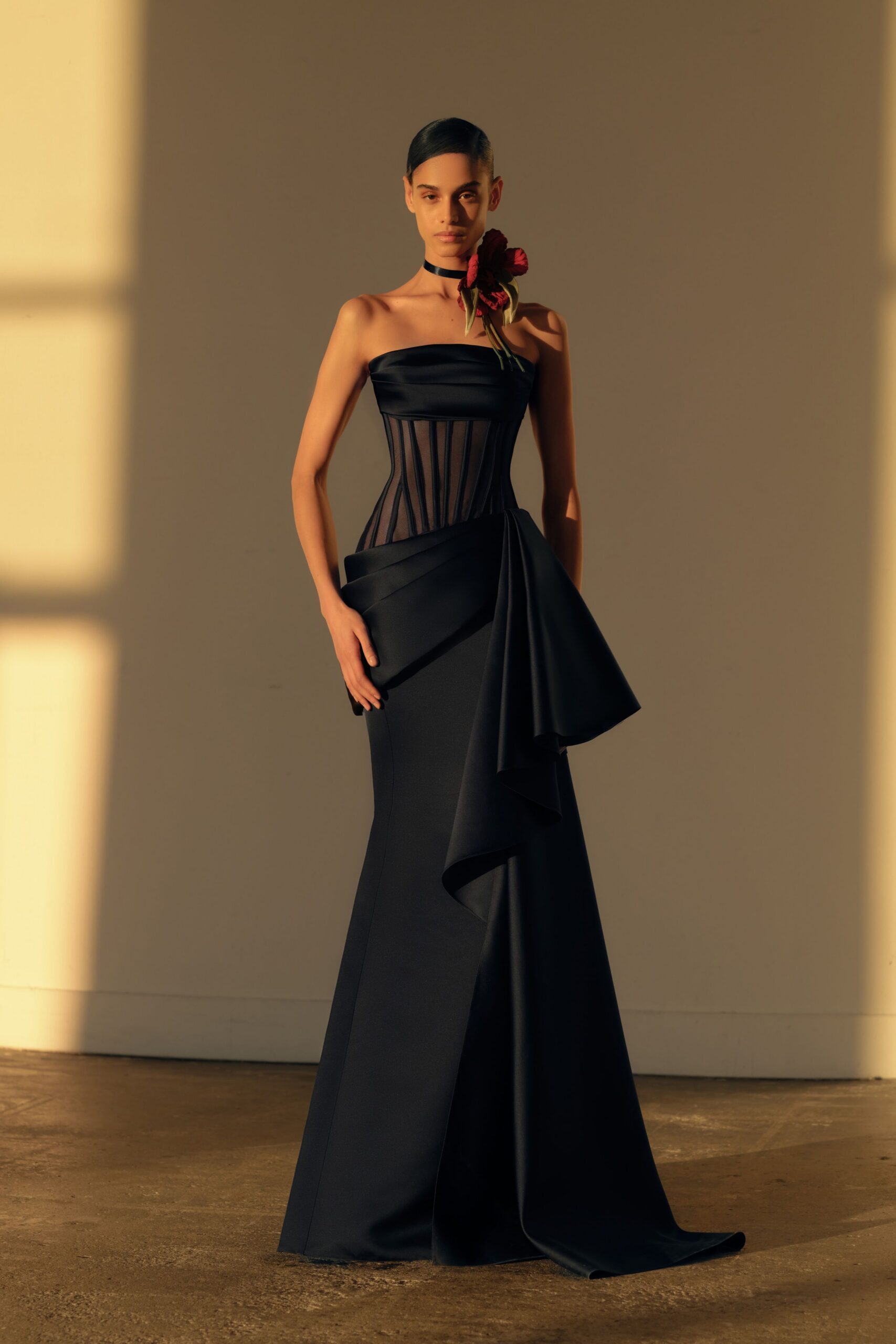 black strapless fitted gown