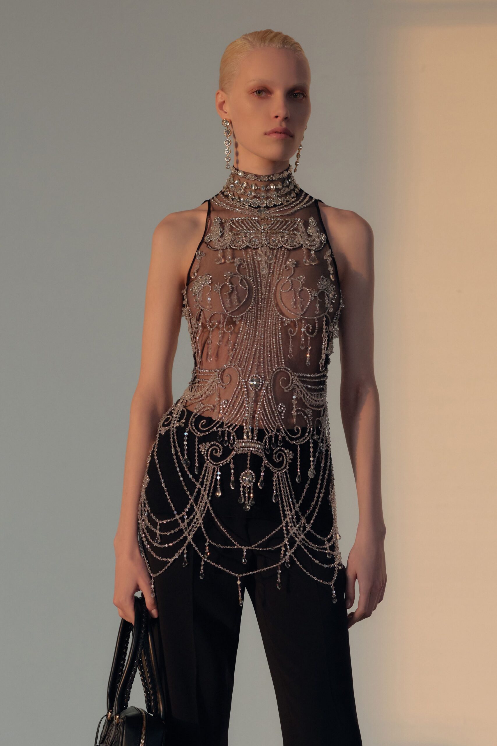 black silk sleeveless high-neck fitted beaded embellished top