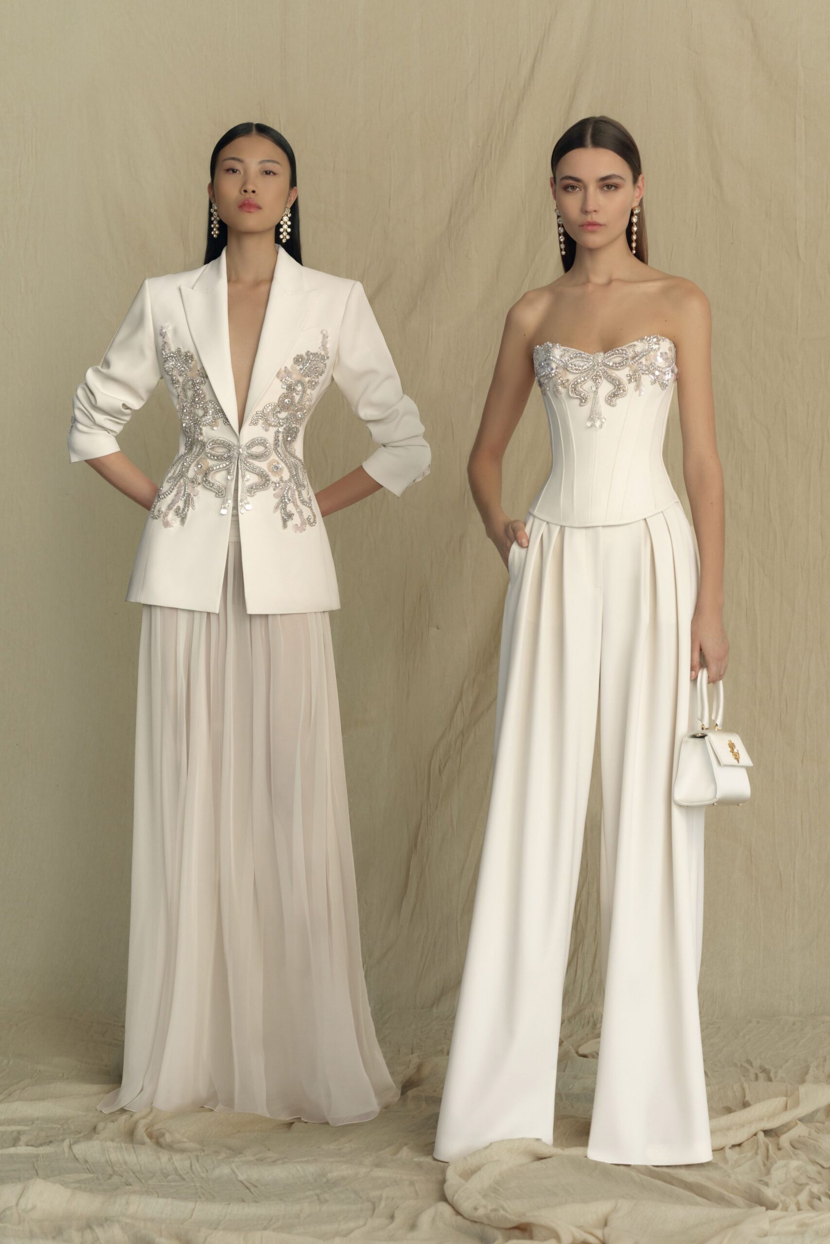 white silk strapless fitted beaded corset