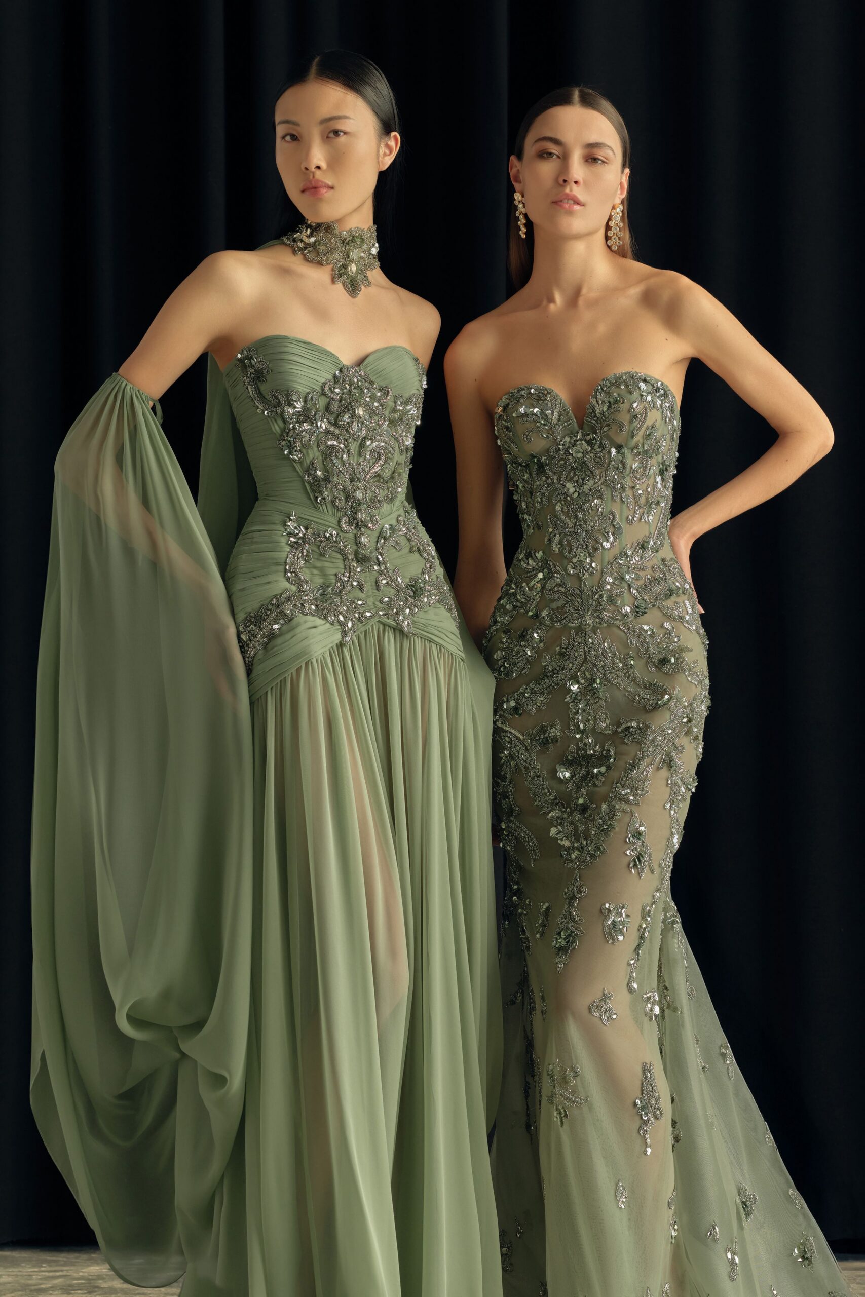 green silk strapless fitted embellished draped maxi gown