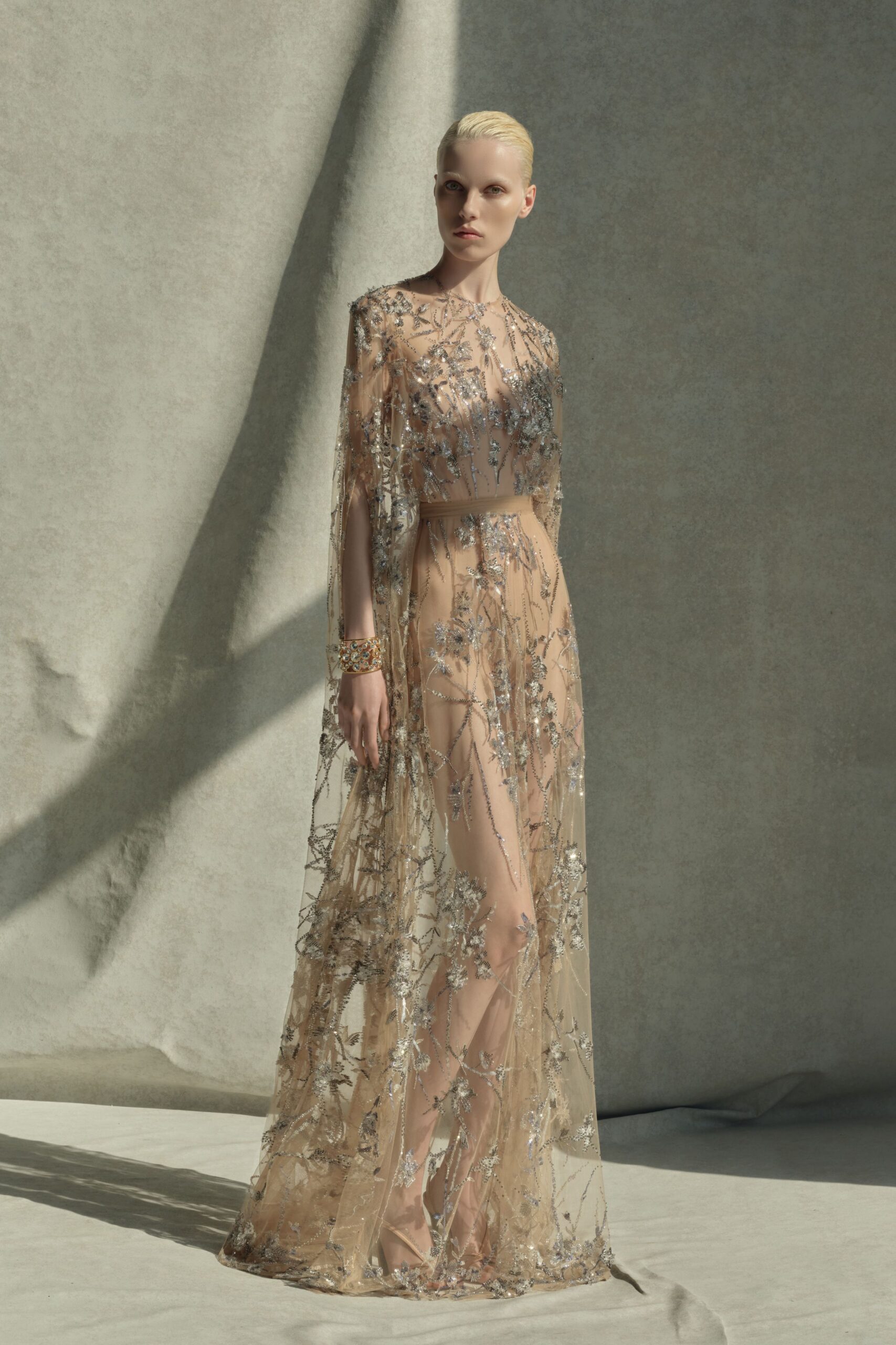 beige silk embroidered gown
