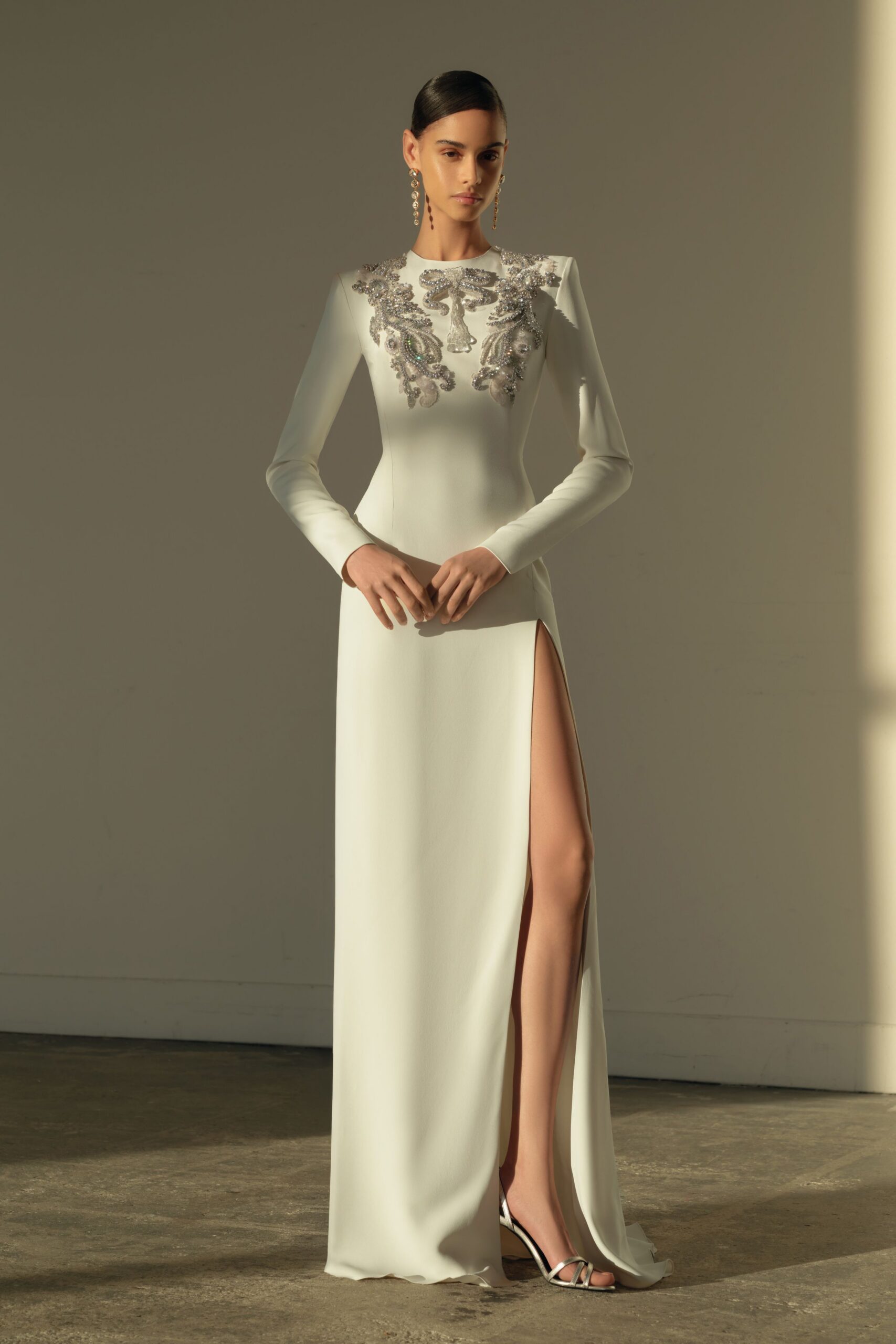 white silk long-sleeve high-neck fitted embroidered maxi gown