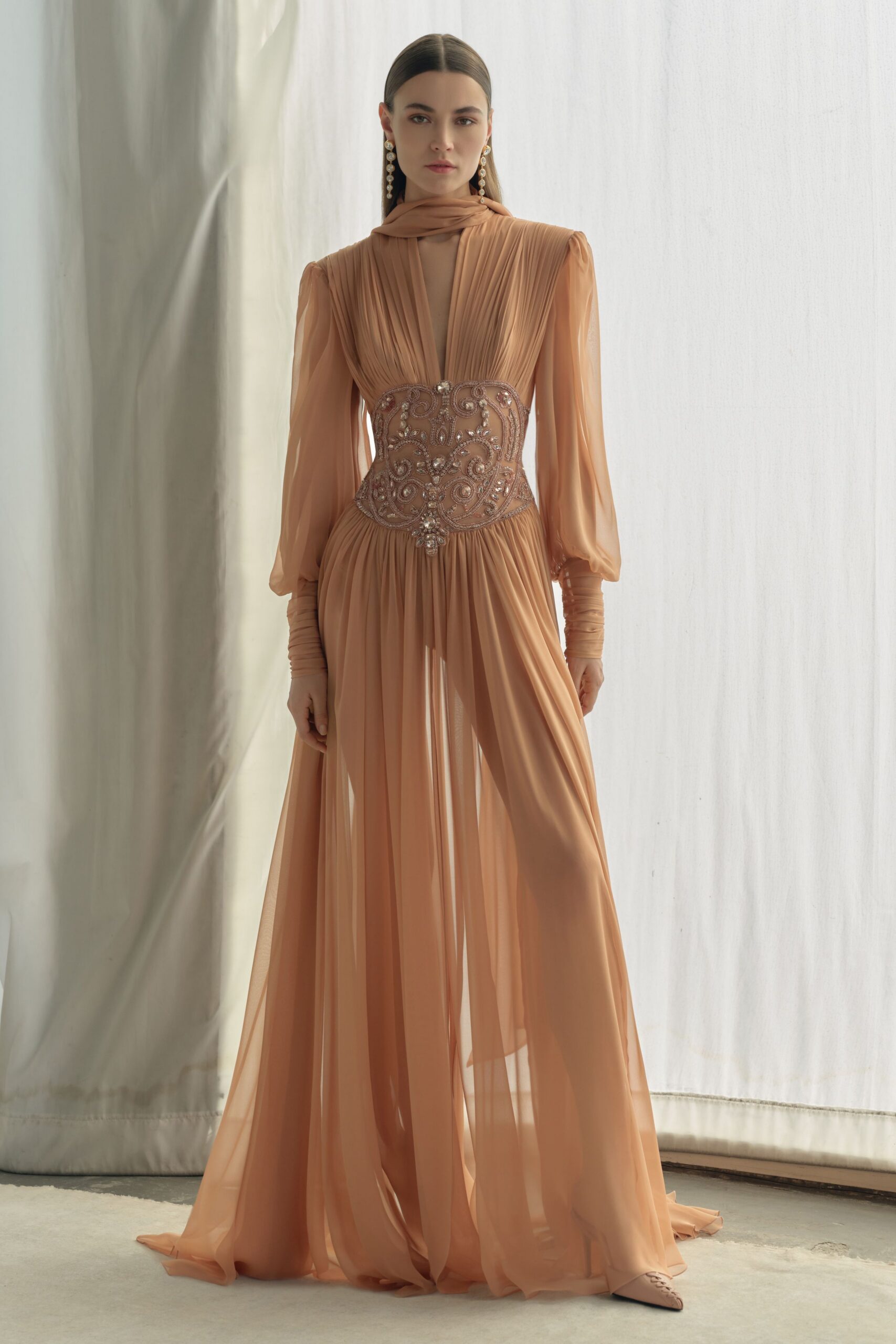 peach chiffon long-sleeve gown