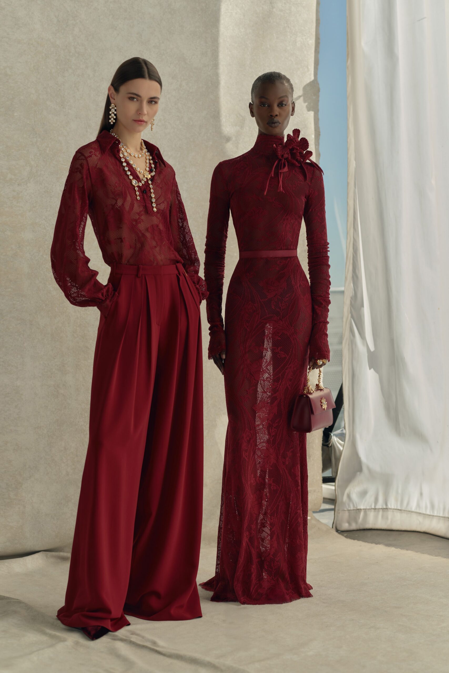 red lace long-sleeve collared relaxed sheer blouse