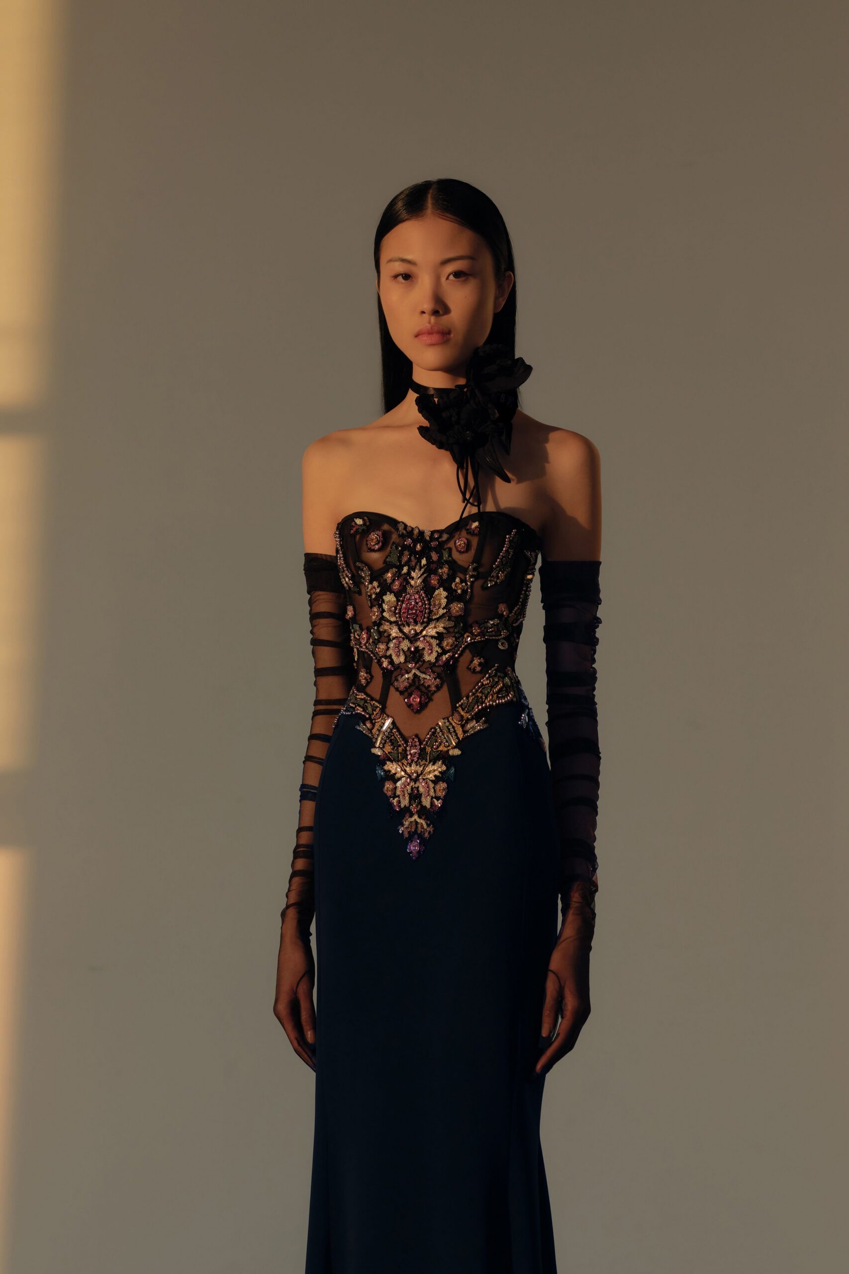black and blue embellished gown