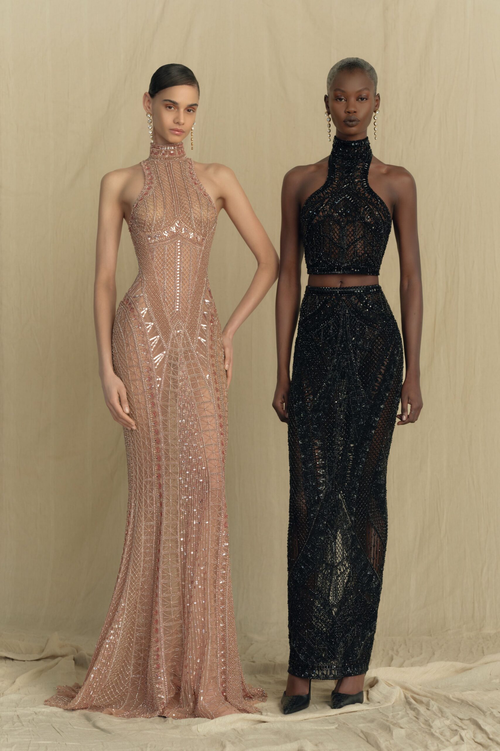 pink silk sleeveless high-neck fitted beaded gown