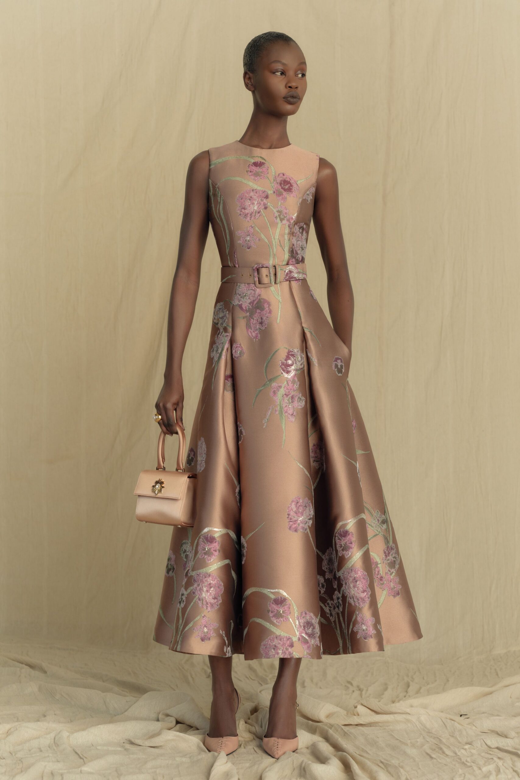 beige silk sleeveless high-neck fitted flared embroidered dress