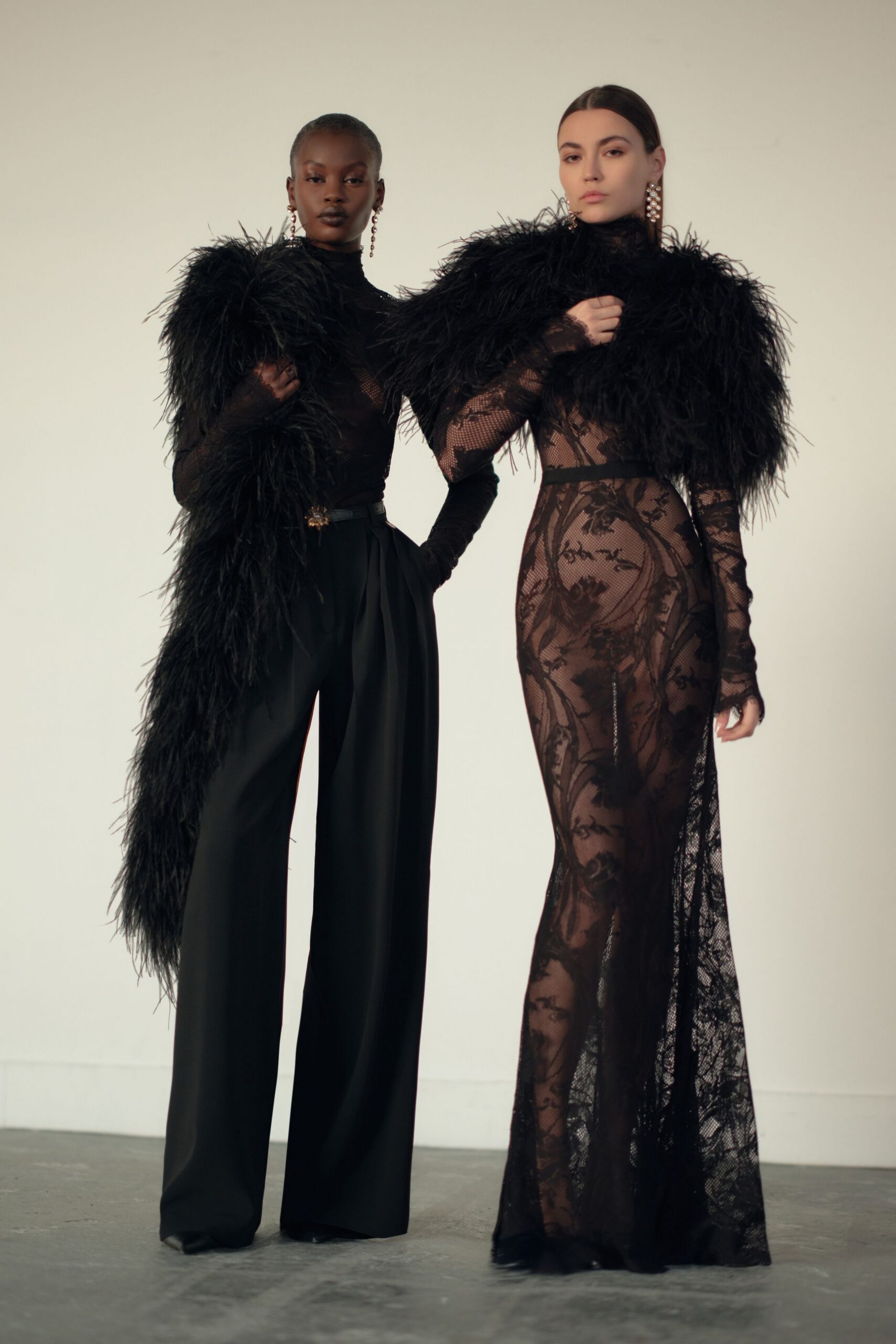 black lace long-sleeve high-neck fitted embellished dress