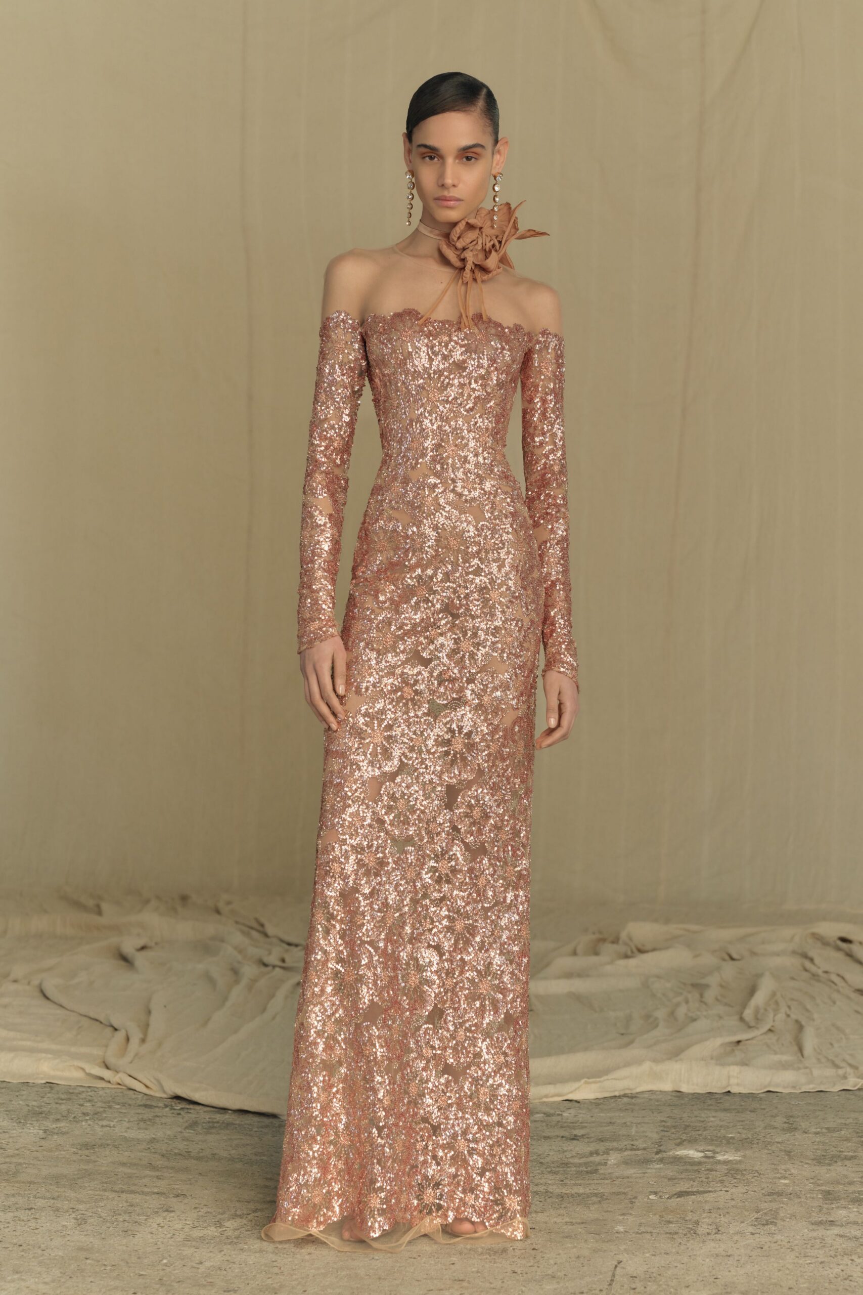 pink gold sequin off-shoulder gown