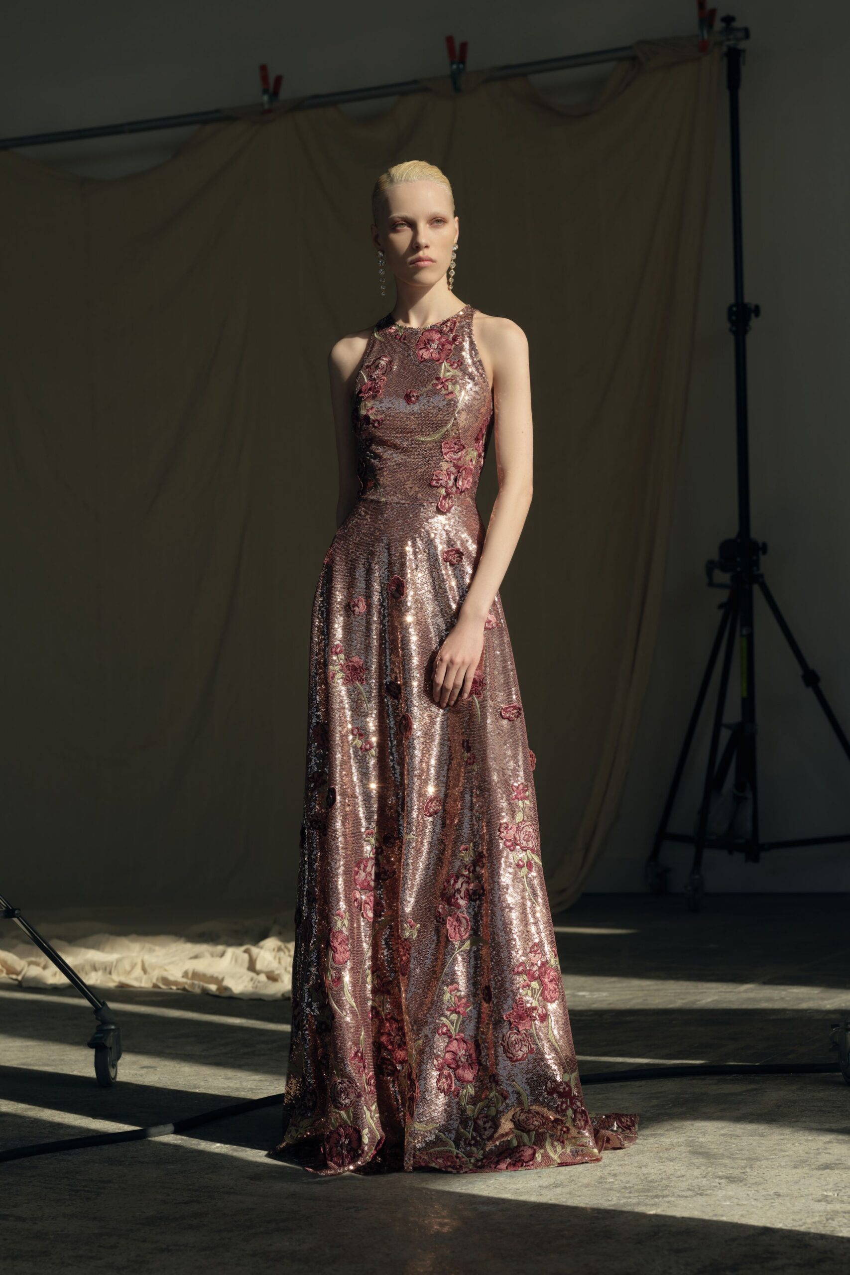 pink gold sequined gown