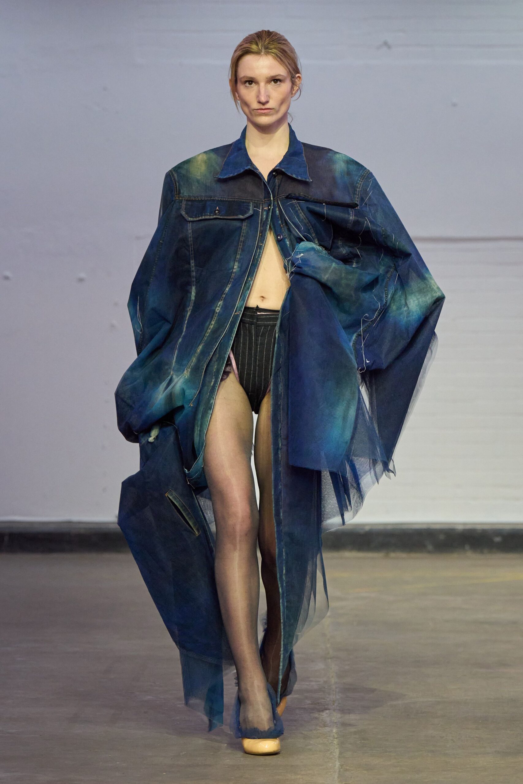 blue denim long-sleeve collared oversized layered zippered coat