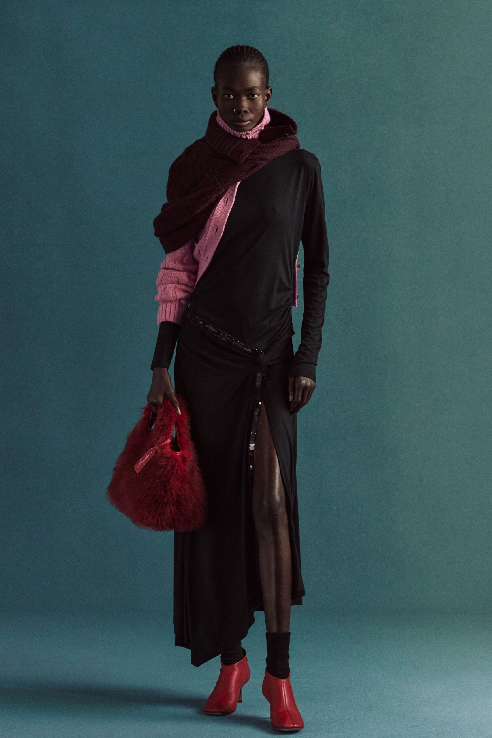 black cotton long-sleeve v-neck fitted layered maxi dress