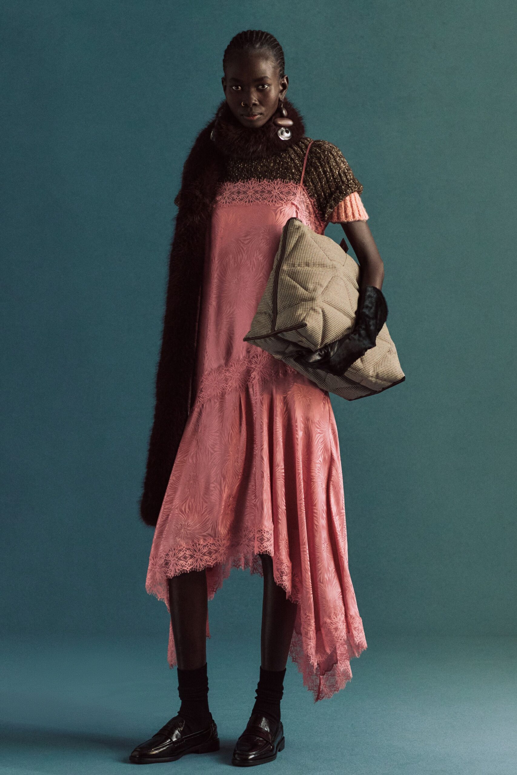pink embroidered midi dress with sweater