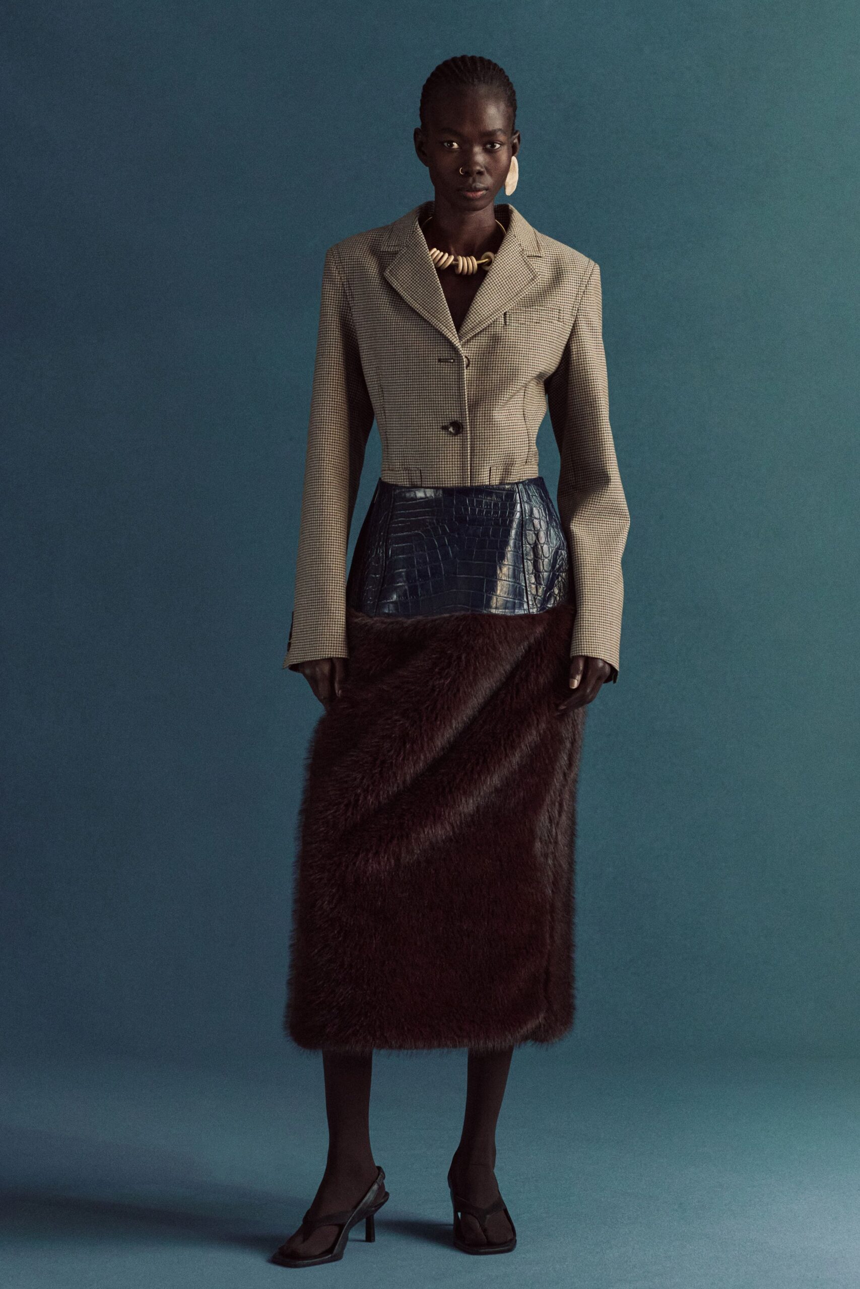 gray wool blazer with brown fur skirt