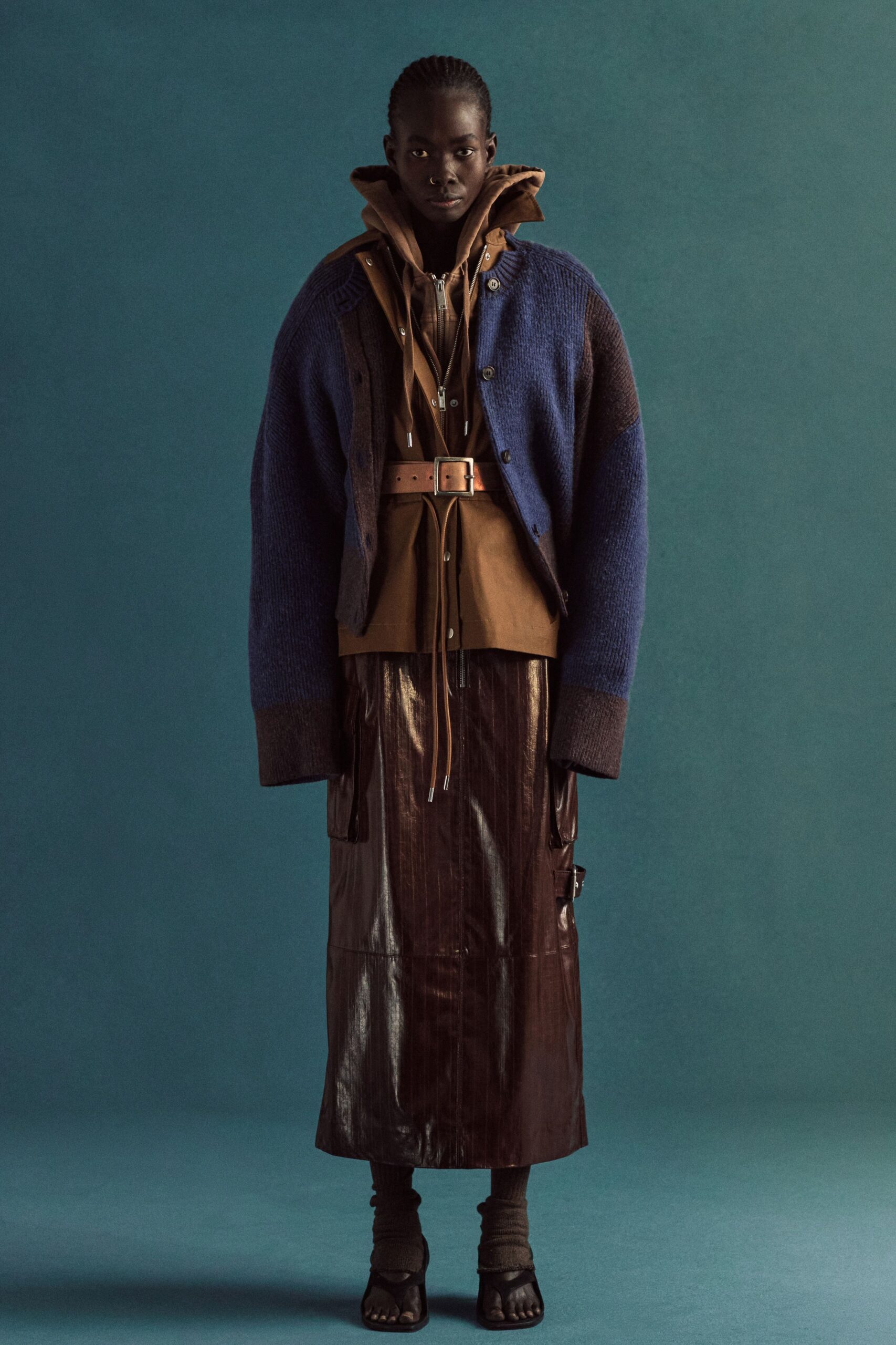 oversized blue jacket with brown hoodie