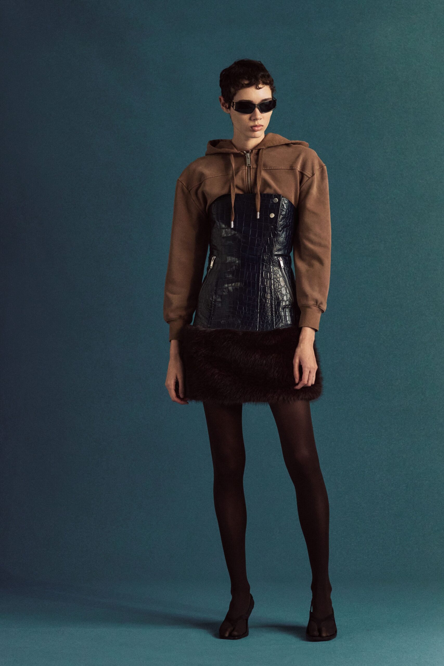 brown hoodie blue corset black skirt
