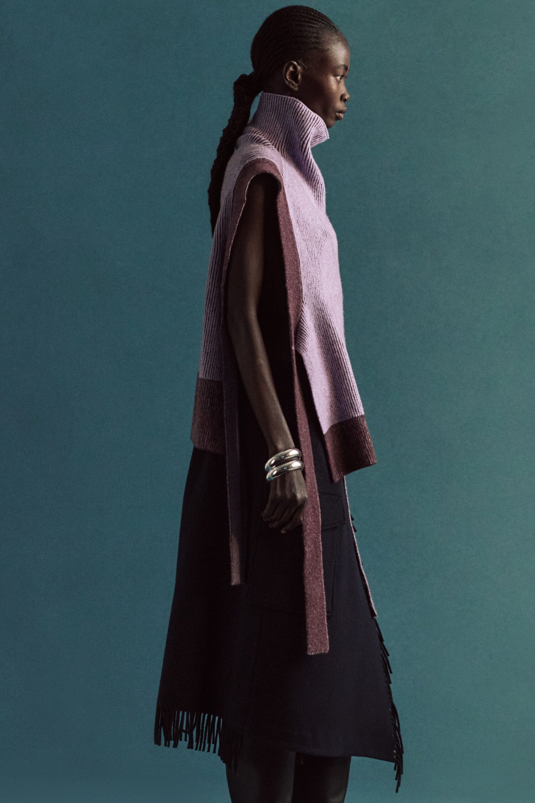 black midi dress with purple poncho