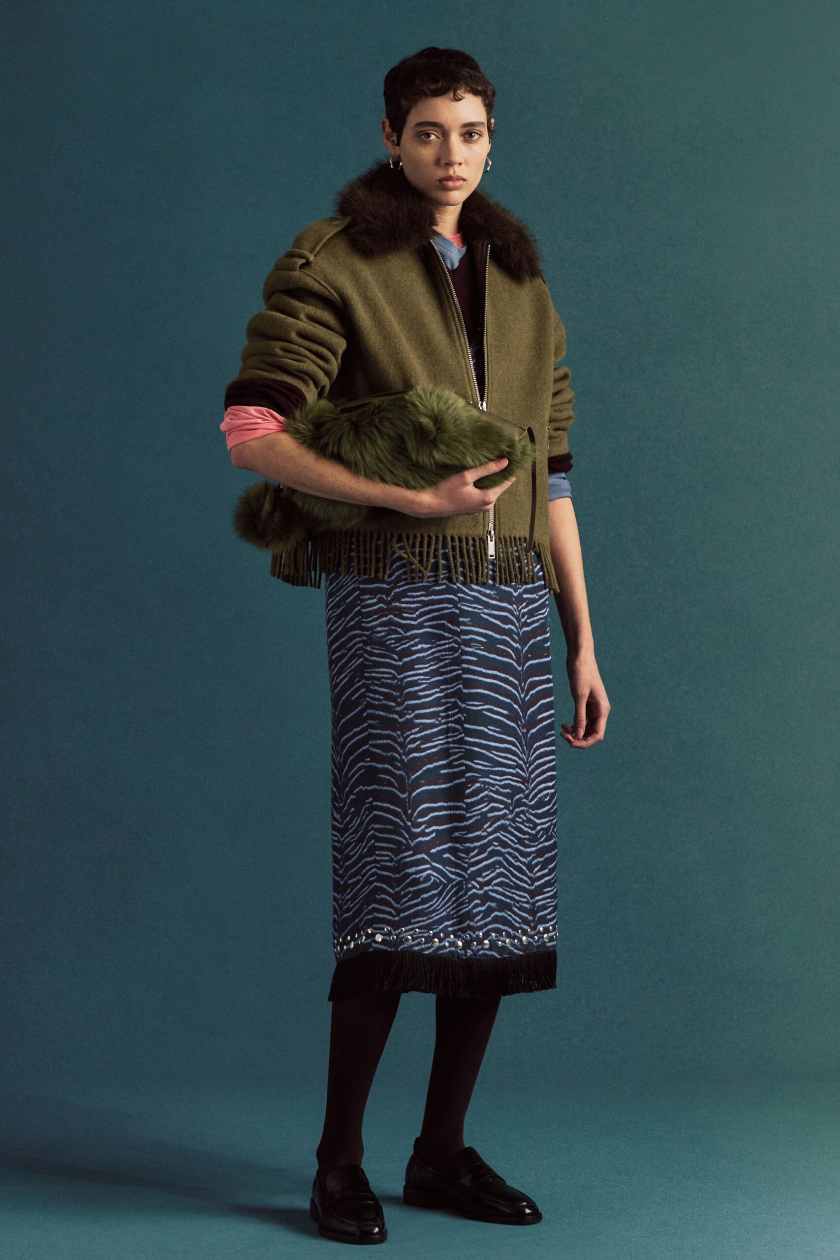 green wool jacket with printed skirt