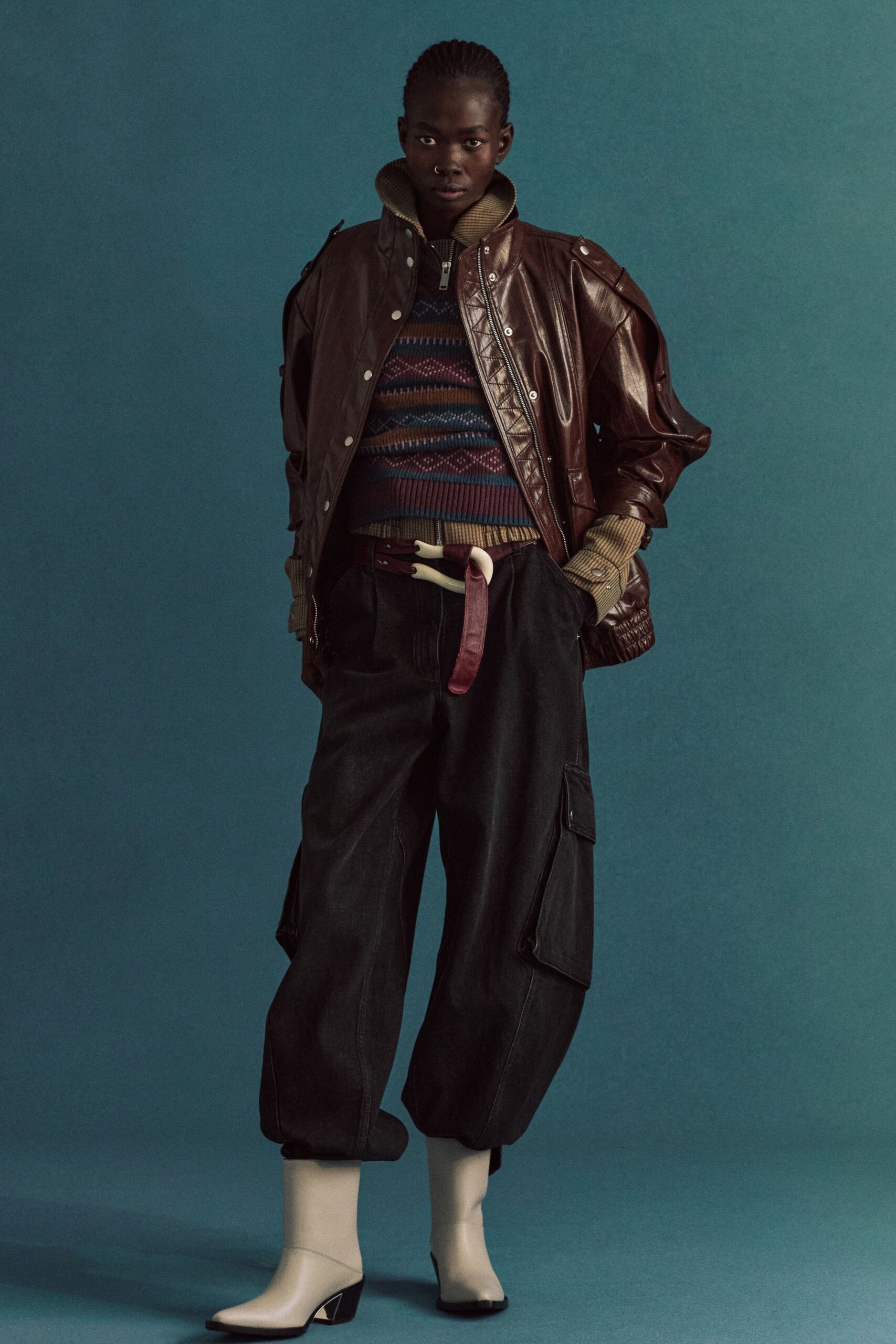 brown leather jacket with multi sweater