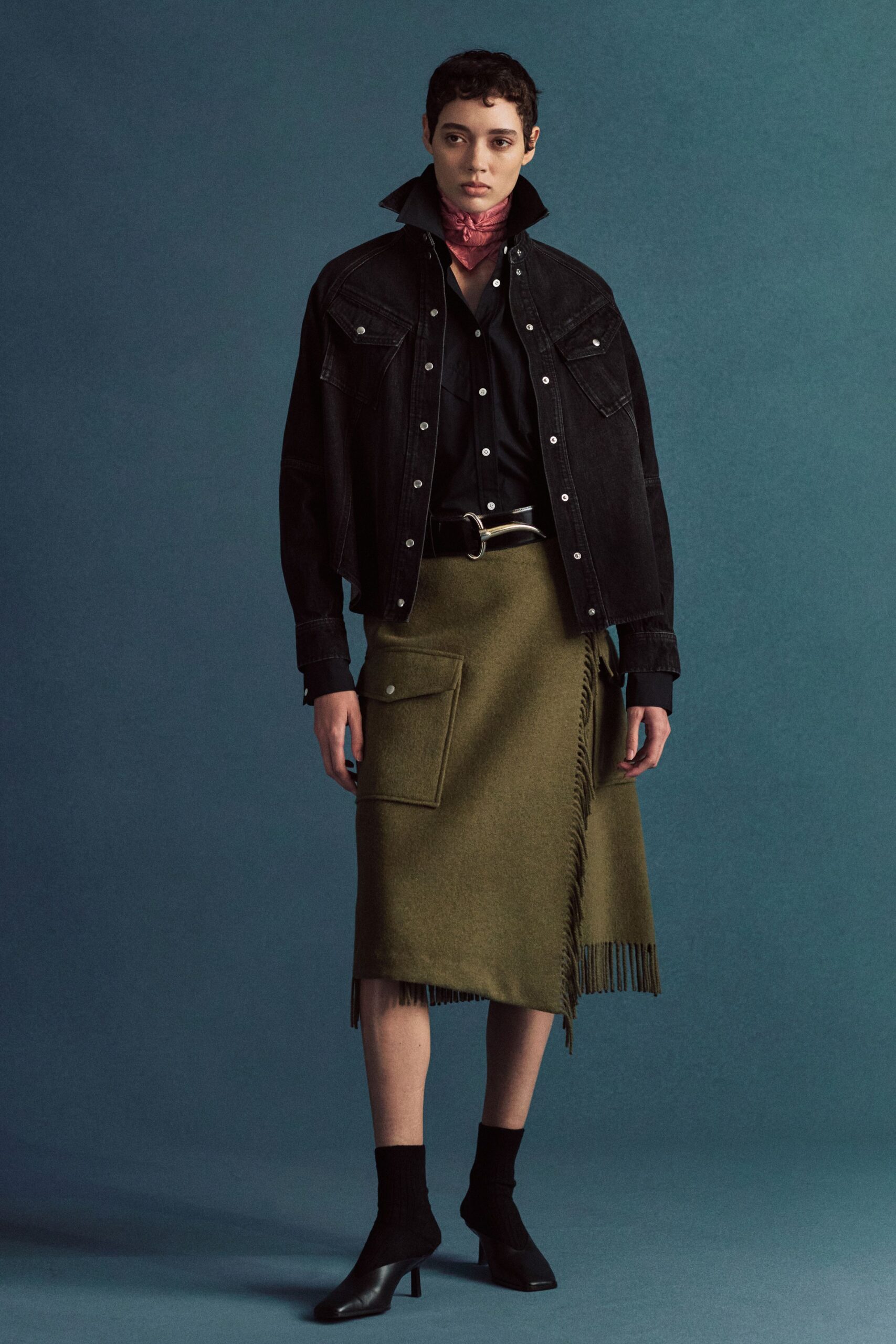 black denim jacket with green skirt