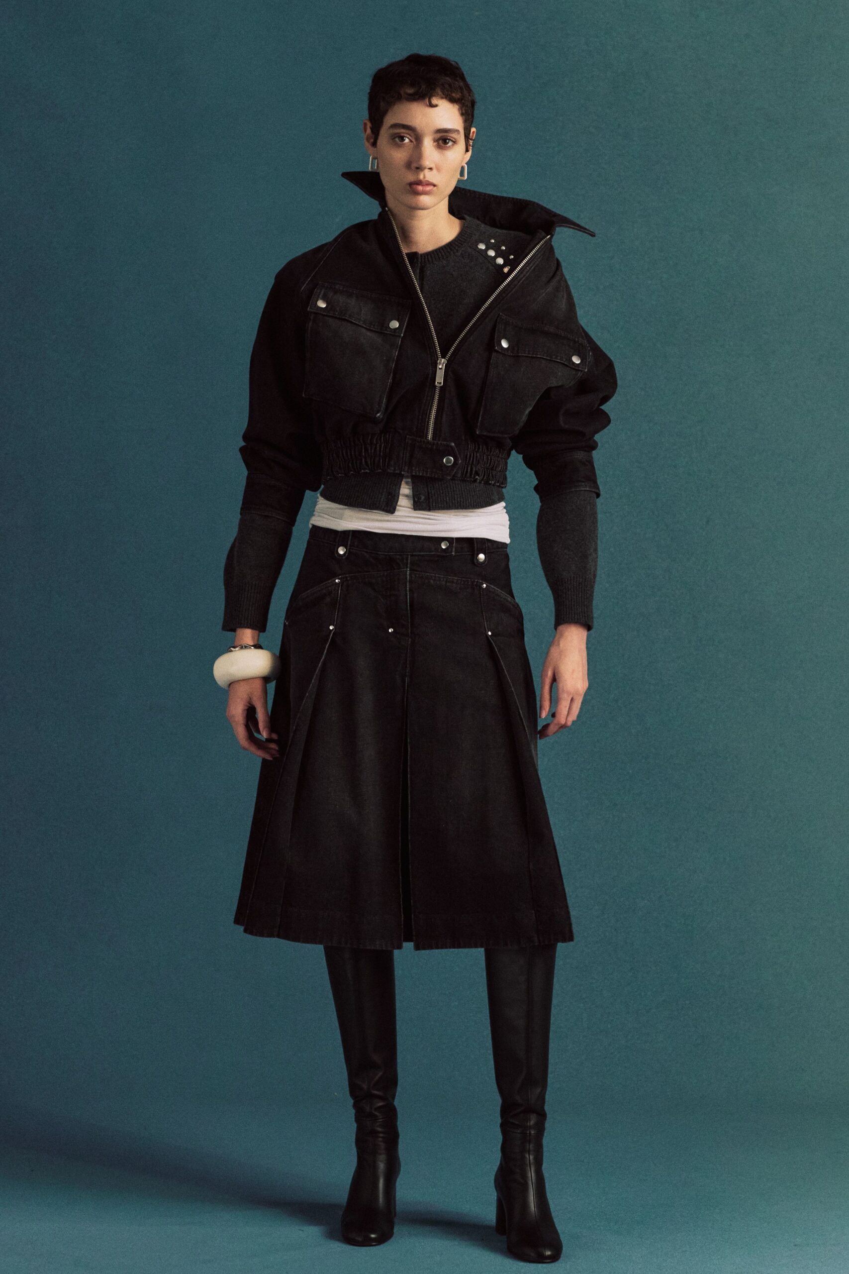 black denim jacket with pleated skirt
