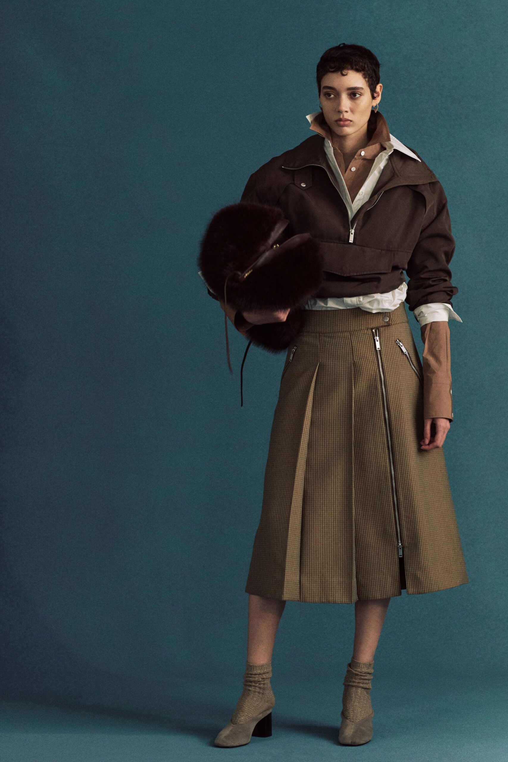 brown fitted jacket with midi skirt