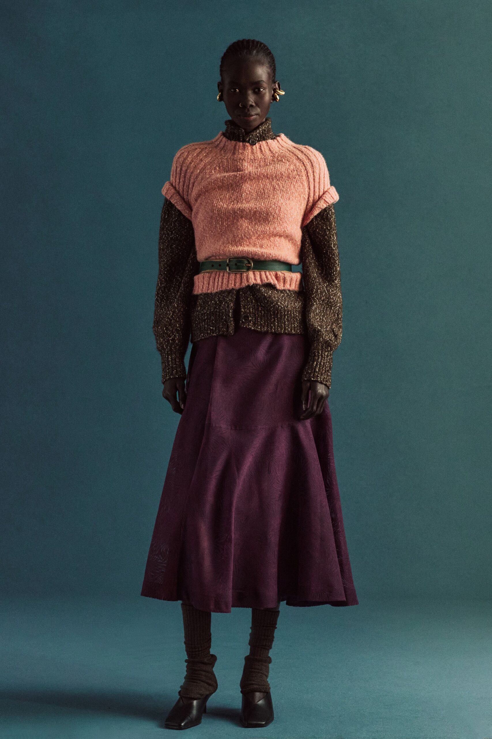 pink ribbed top with purple skirt