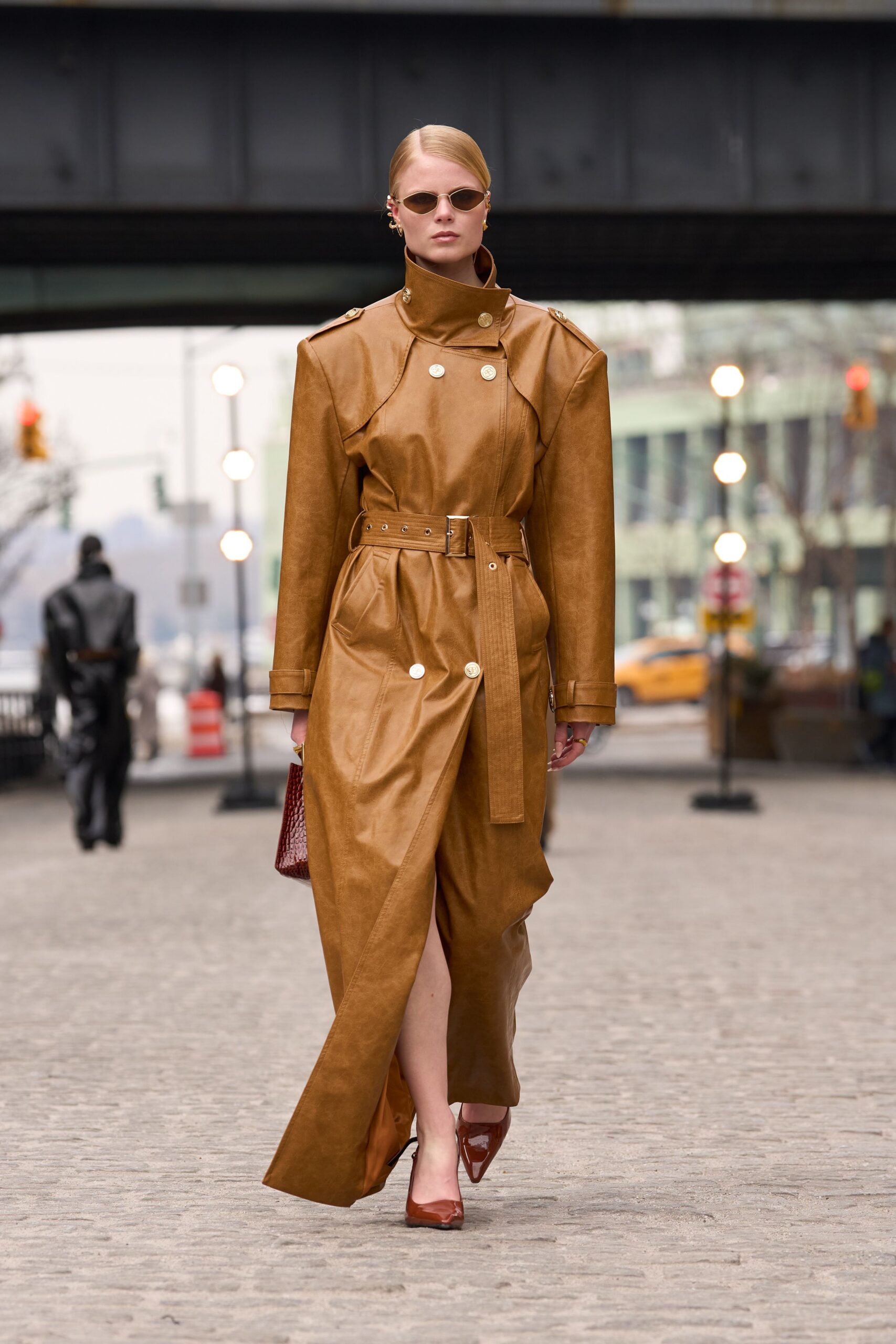 brown leather long-sleeve collared fitted belted midi coat