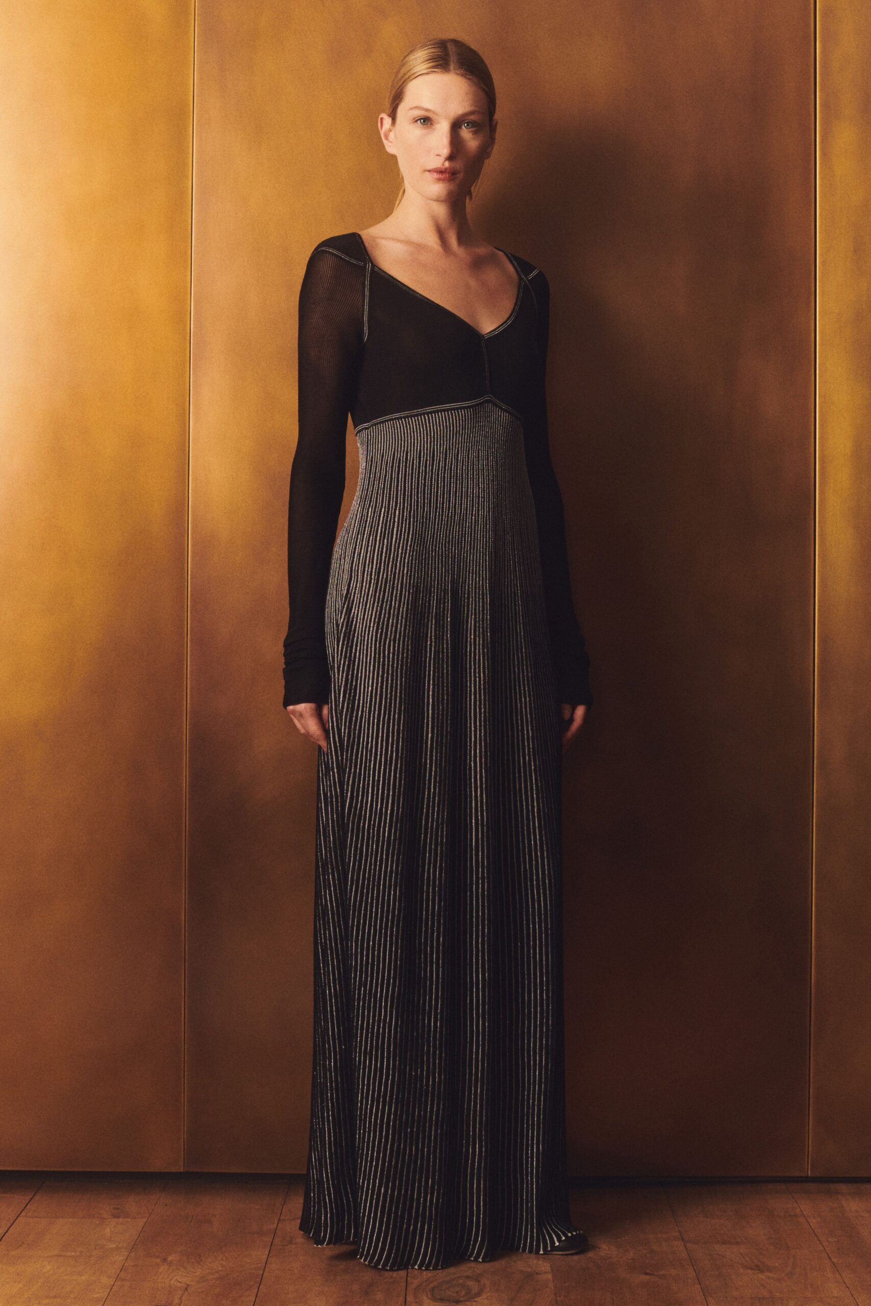 black and gray pleated gown