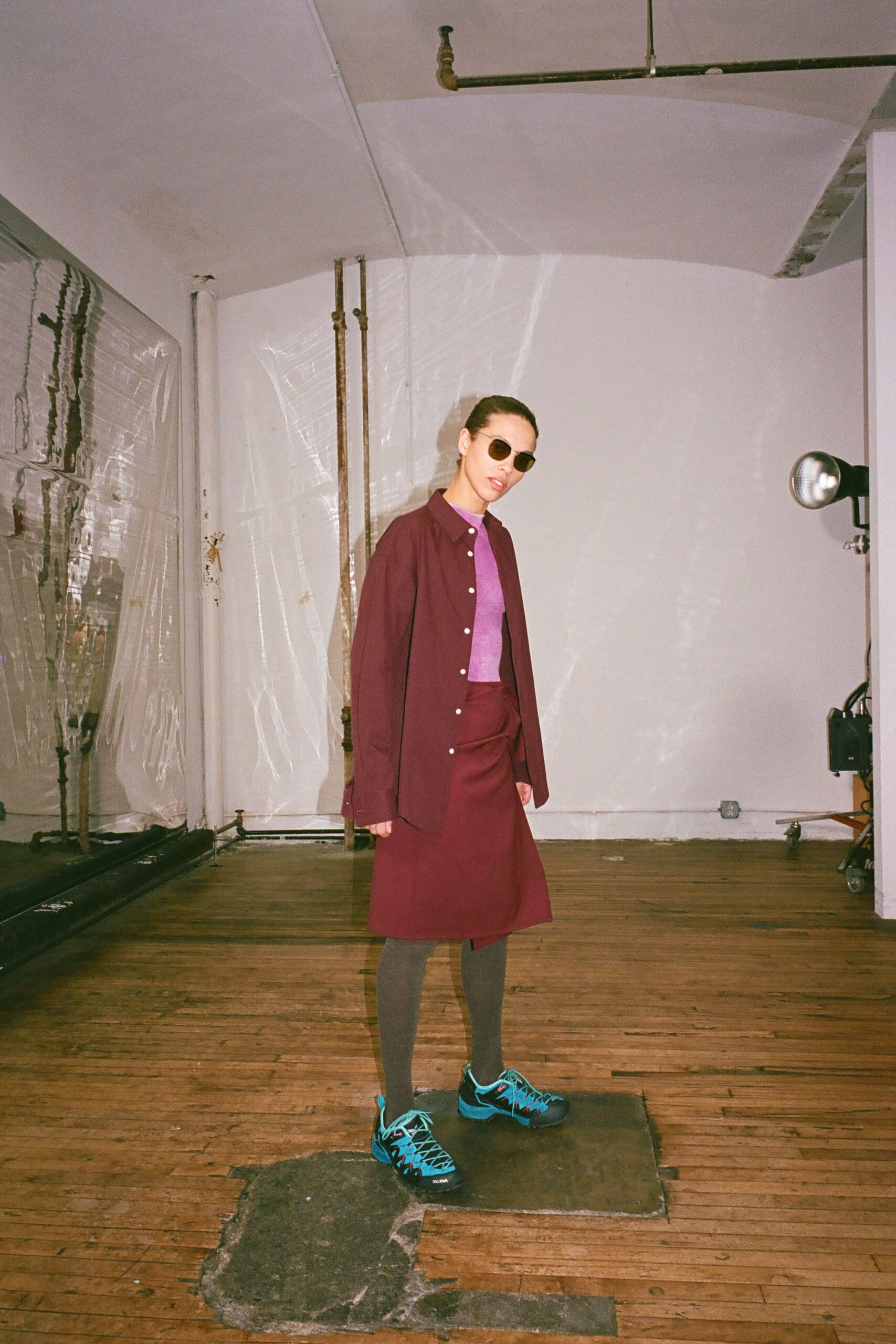 purple long-sleeve collared relaxed shirt