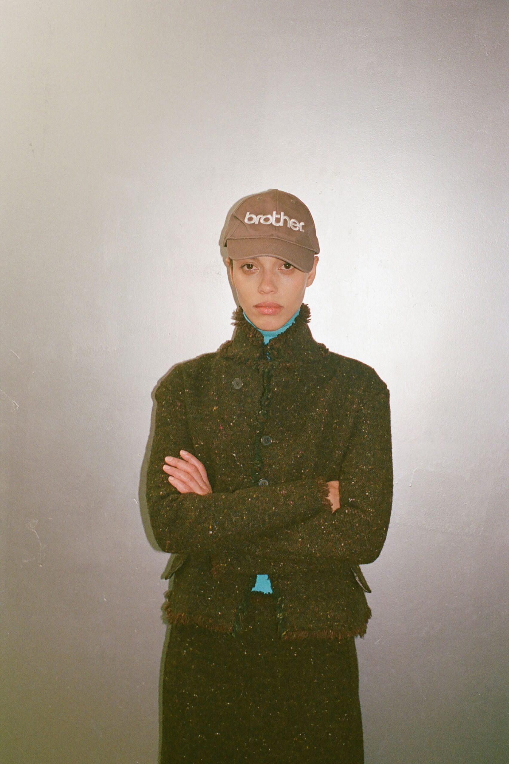 brown tweed long-sleeve collared fitted buttoned fringed jacket