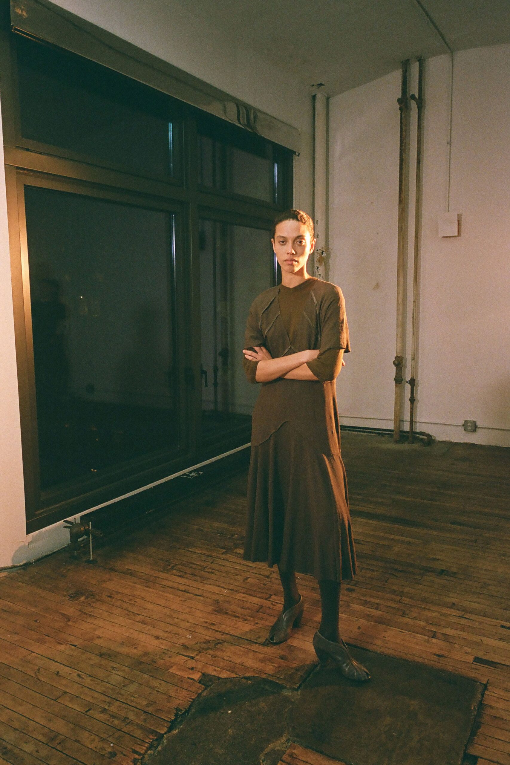 brown midi dress with long sleeves