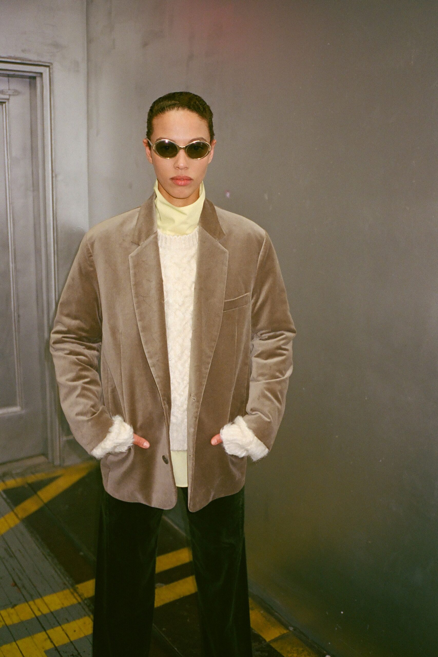 brown velvet blazer with white sweater